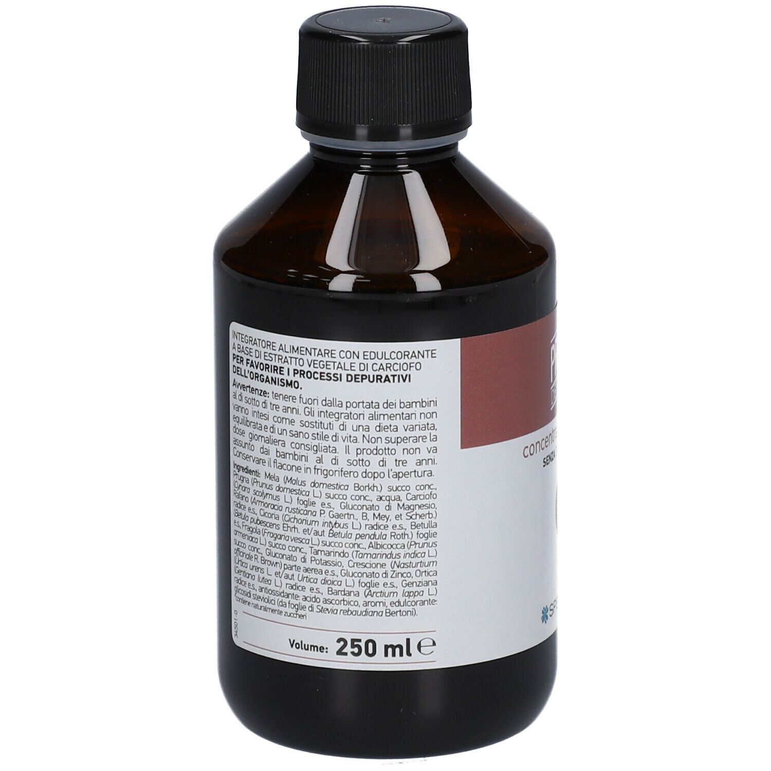 Flacone marrone PRIMUM DEPURATIVO. Testo ed elenco ingredienti. Logo Spechiasol. 250 ml.