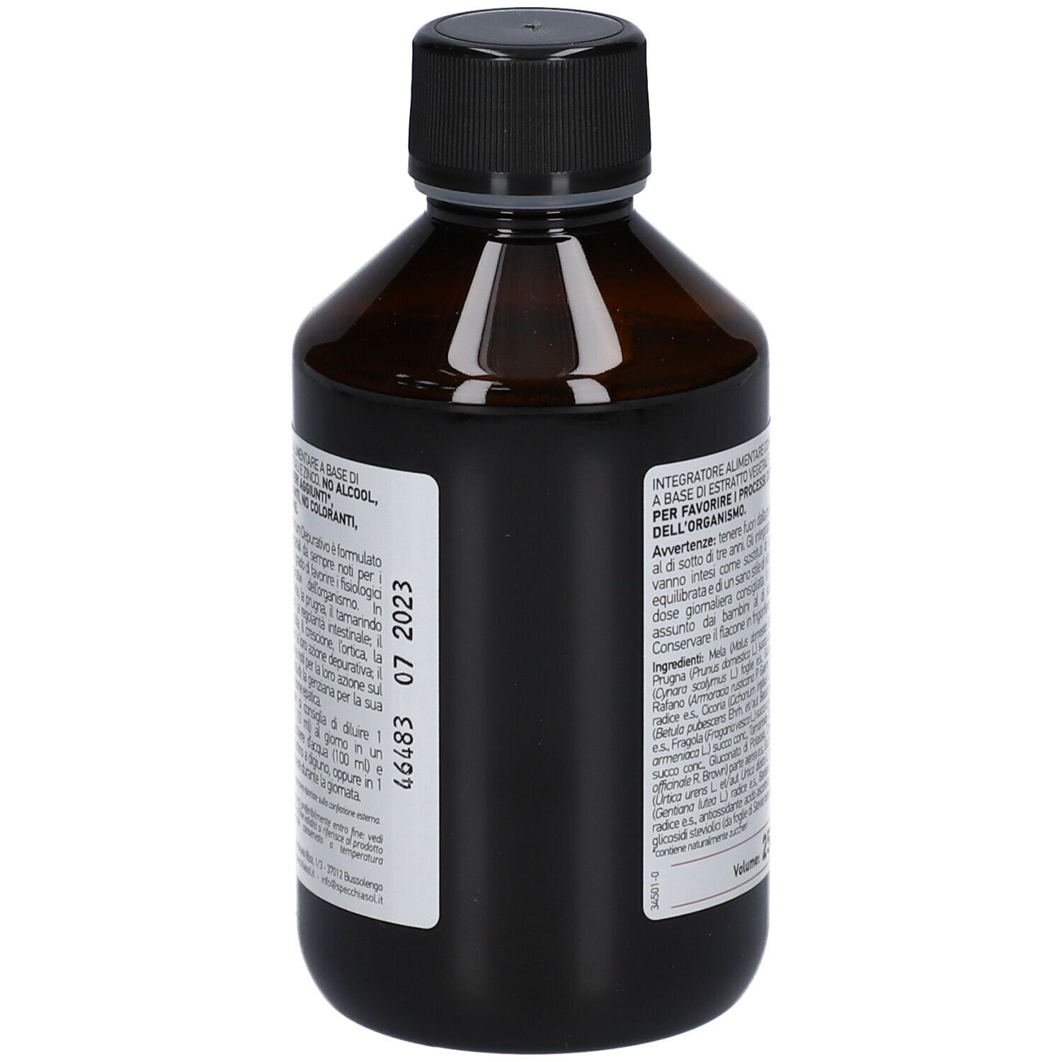Flacone marrone PRIMUM DEPURATIVO. Testo ed elenco ingredienti. Logo Spechiasol. 250 ml.