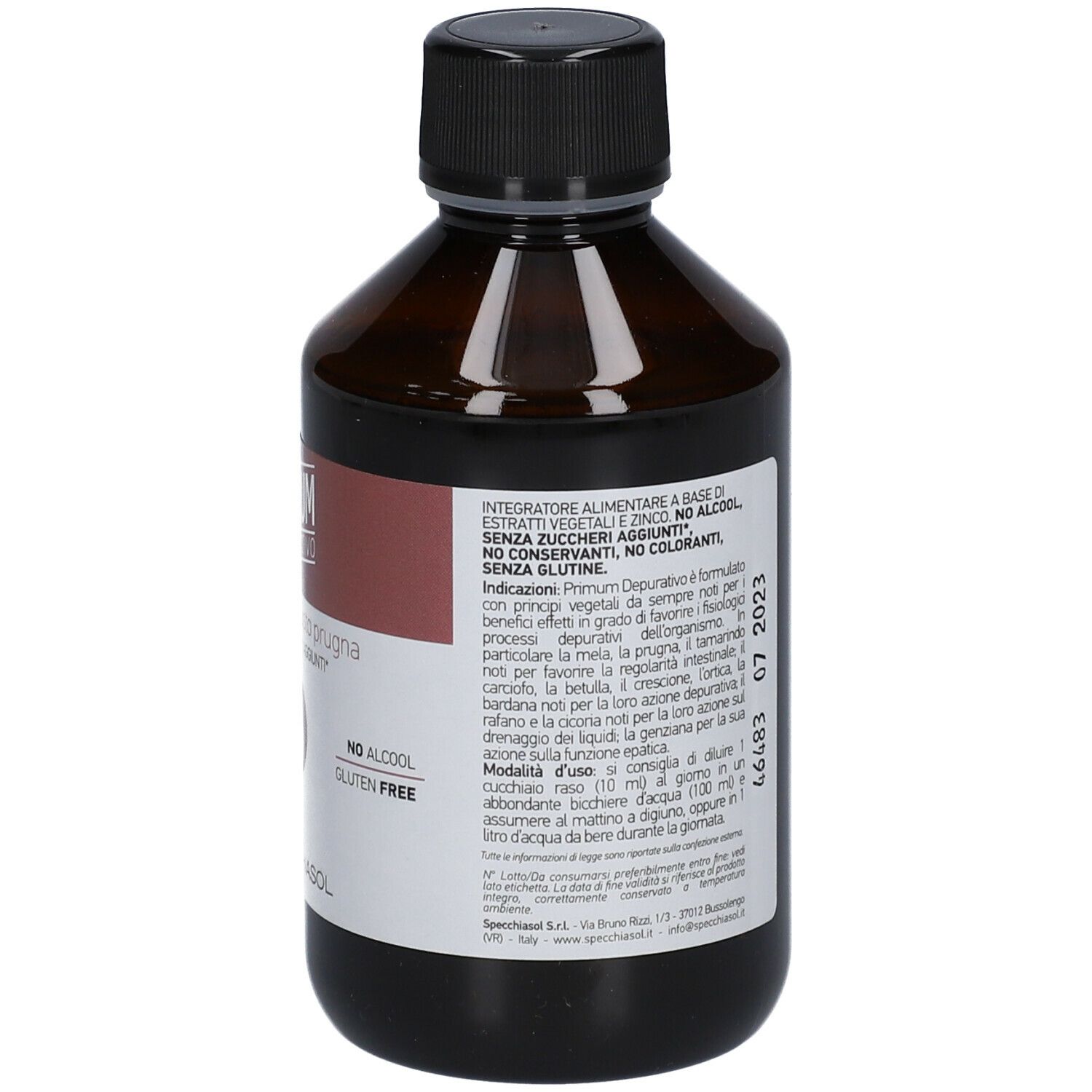 Flacone marrone PRIMUM DEPURATIVO. Testo ed elenco ingredienti. Logo Spechiasol. 250 ml.