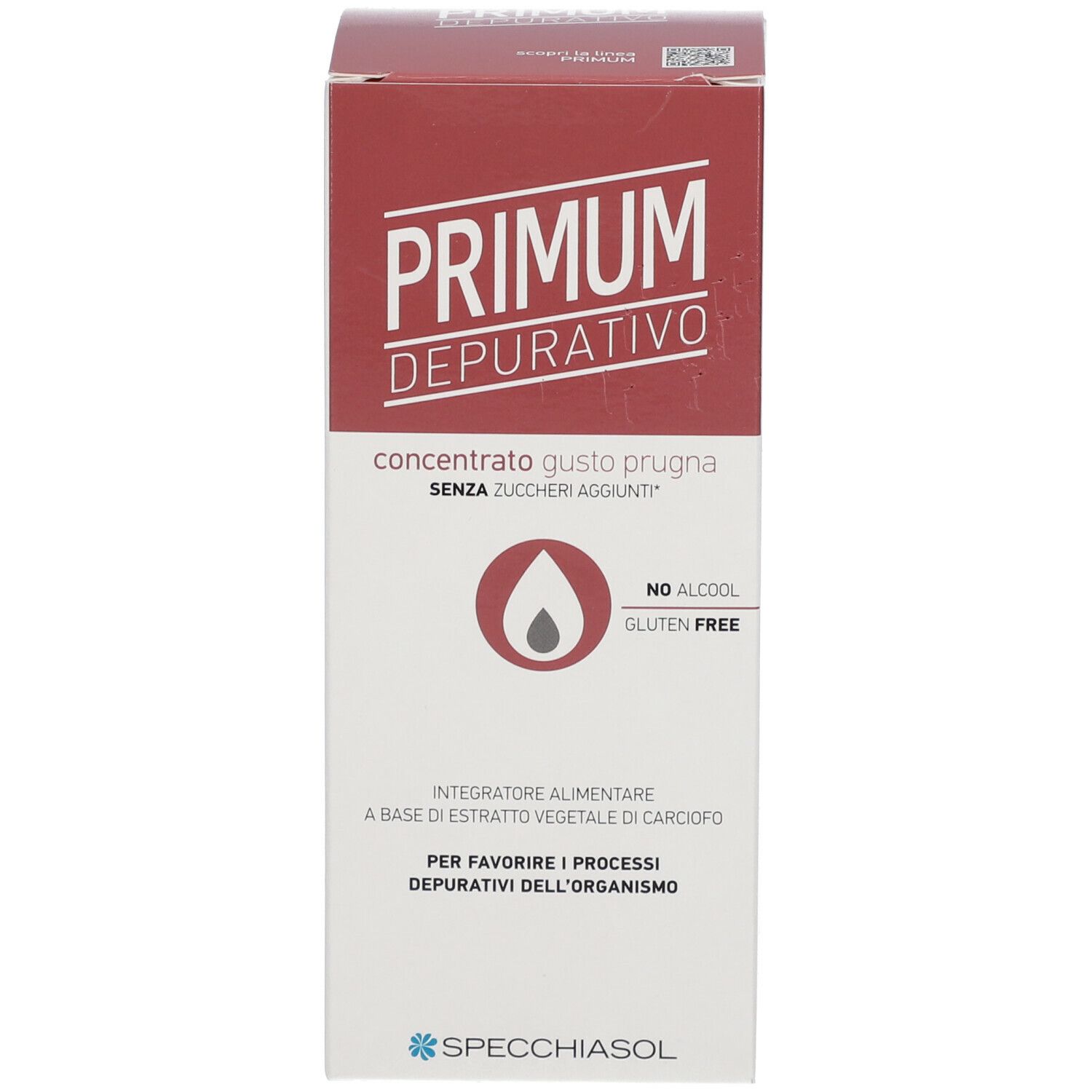 Scatola PRIMUM DEPURATIVO. Gusto prugna, senza zuccheri aggiunti. Logo Spechiasol.