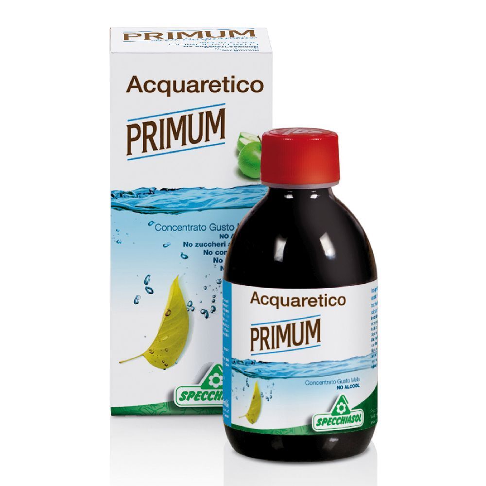 Bottiglia marrone con tappo rosso e confezione bianca. Scritta: PRIMUM, Acquaretico, Spechiasol.