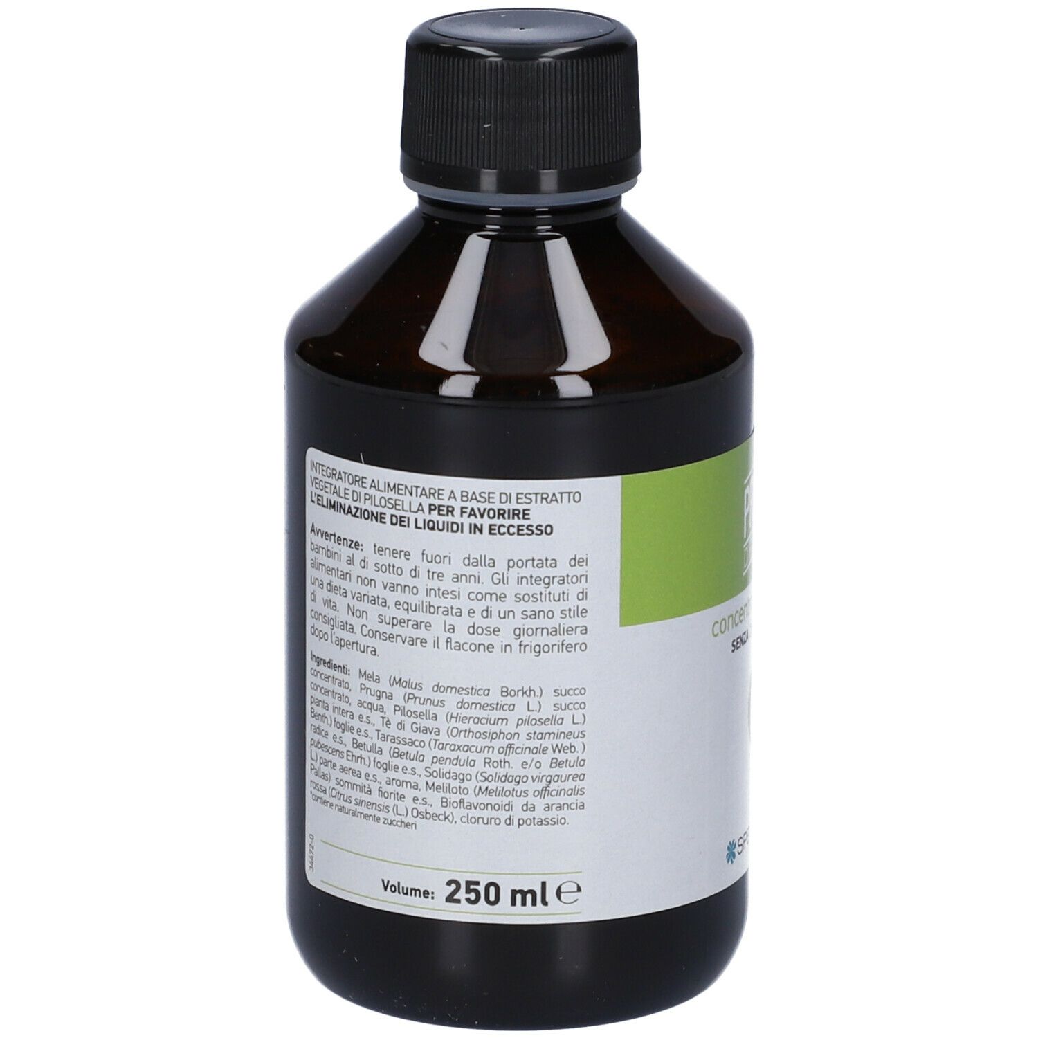 Retro di una bottiglia marrone con tappo nero. Testo: ingredienti, avvertenze, volume 250 ml.