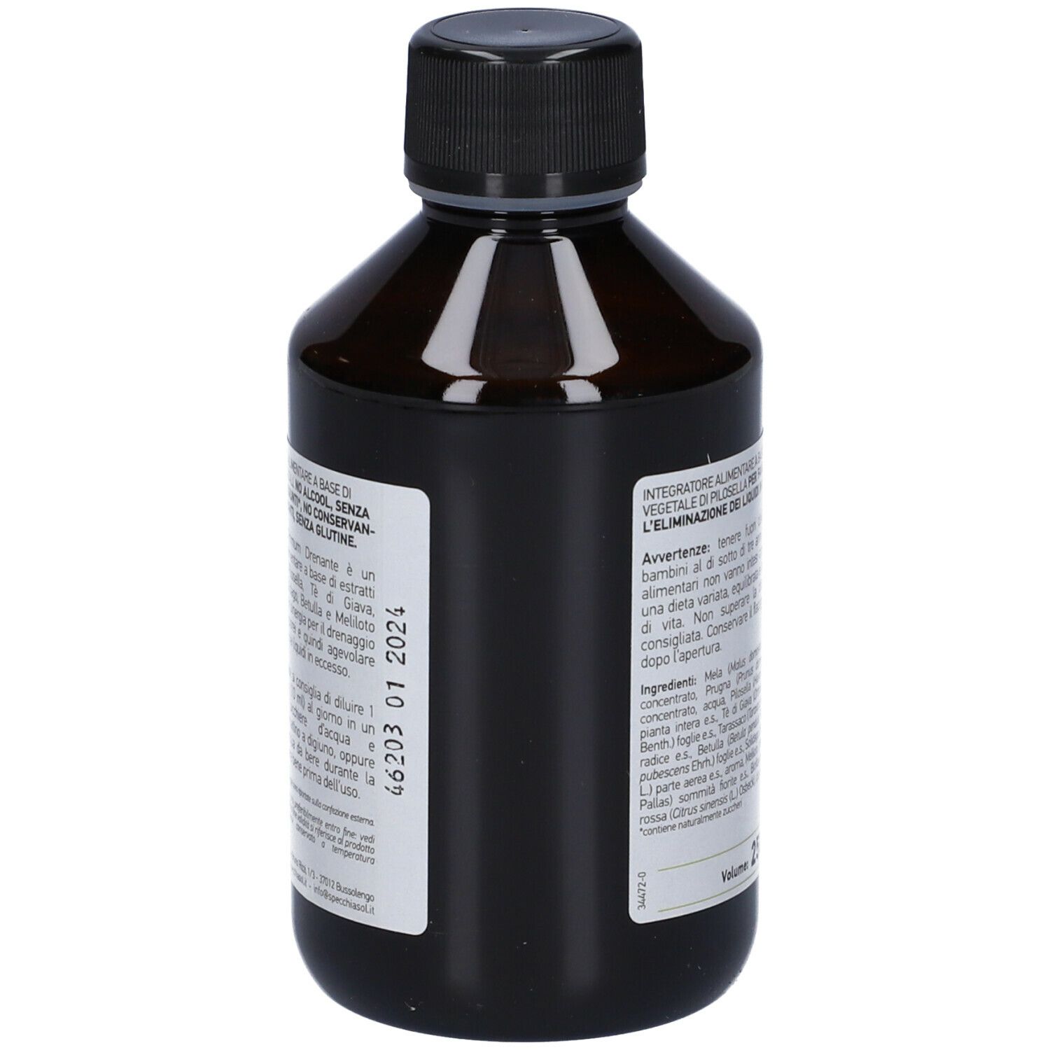 Retro di una bottiglia marrone con tappo nero. Testo: ingredienti, avvertenze, data di scadenza.