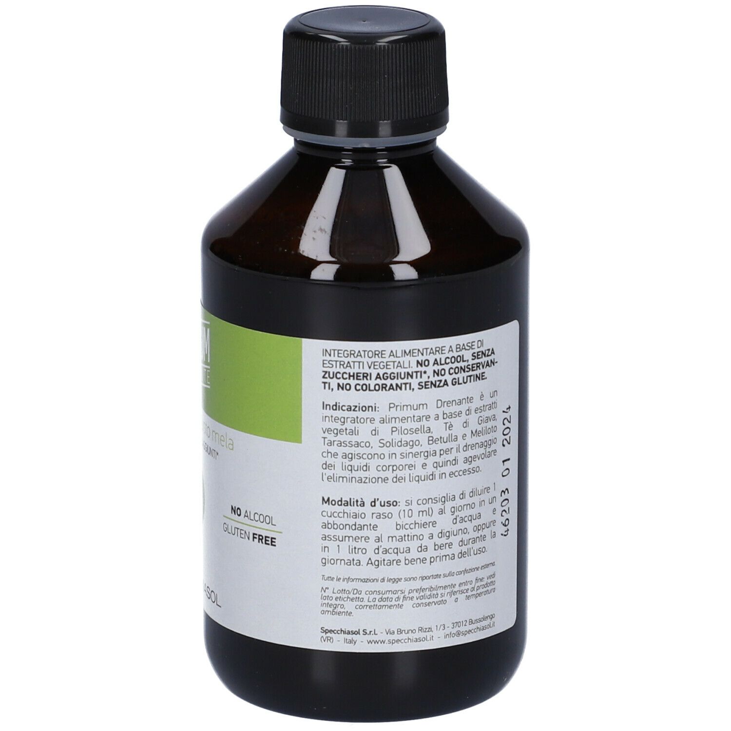 Retro di una bottiglia marrone con tappo nero. Testo: uso, ingredienti, senza alcool, senza glutine.
