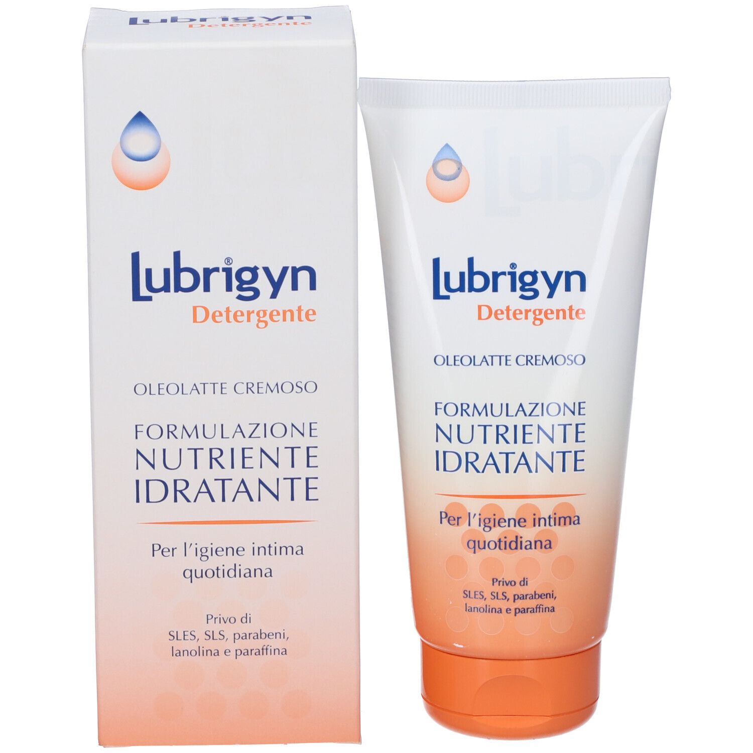 Produktverpackung und Tube. Verpackung: weiß mit Lubrigyn Detergente. Tube: weiß mit orangefarbenem Verschluss. Für die Intimhygiene.
