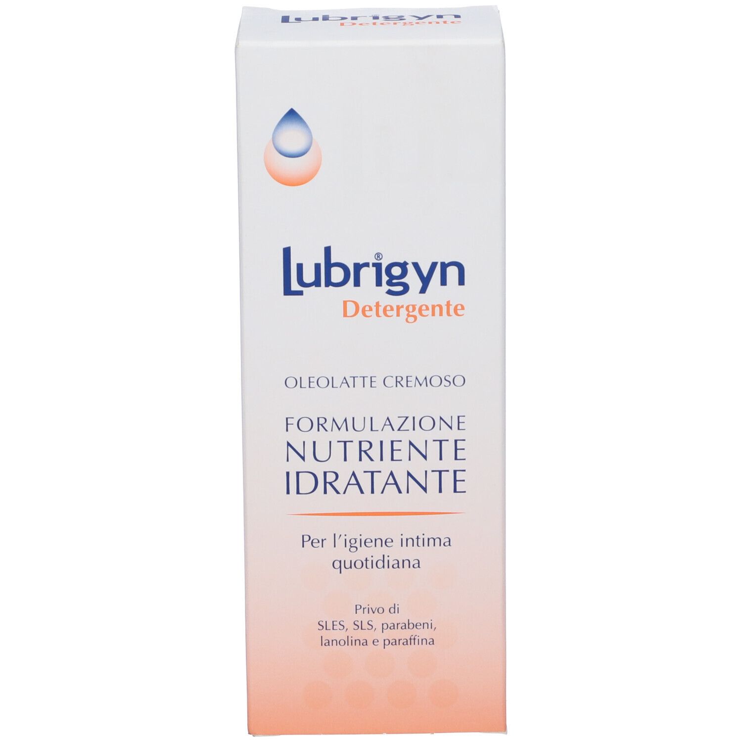 Weiße Produktverpackung. Aufschrift: Lubrigyn Detergente, Oleolatte Cremoso. Für die tägliche Intimhygiene. Ohne SLES, SLS, Parabene.