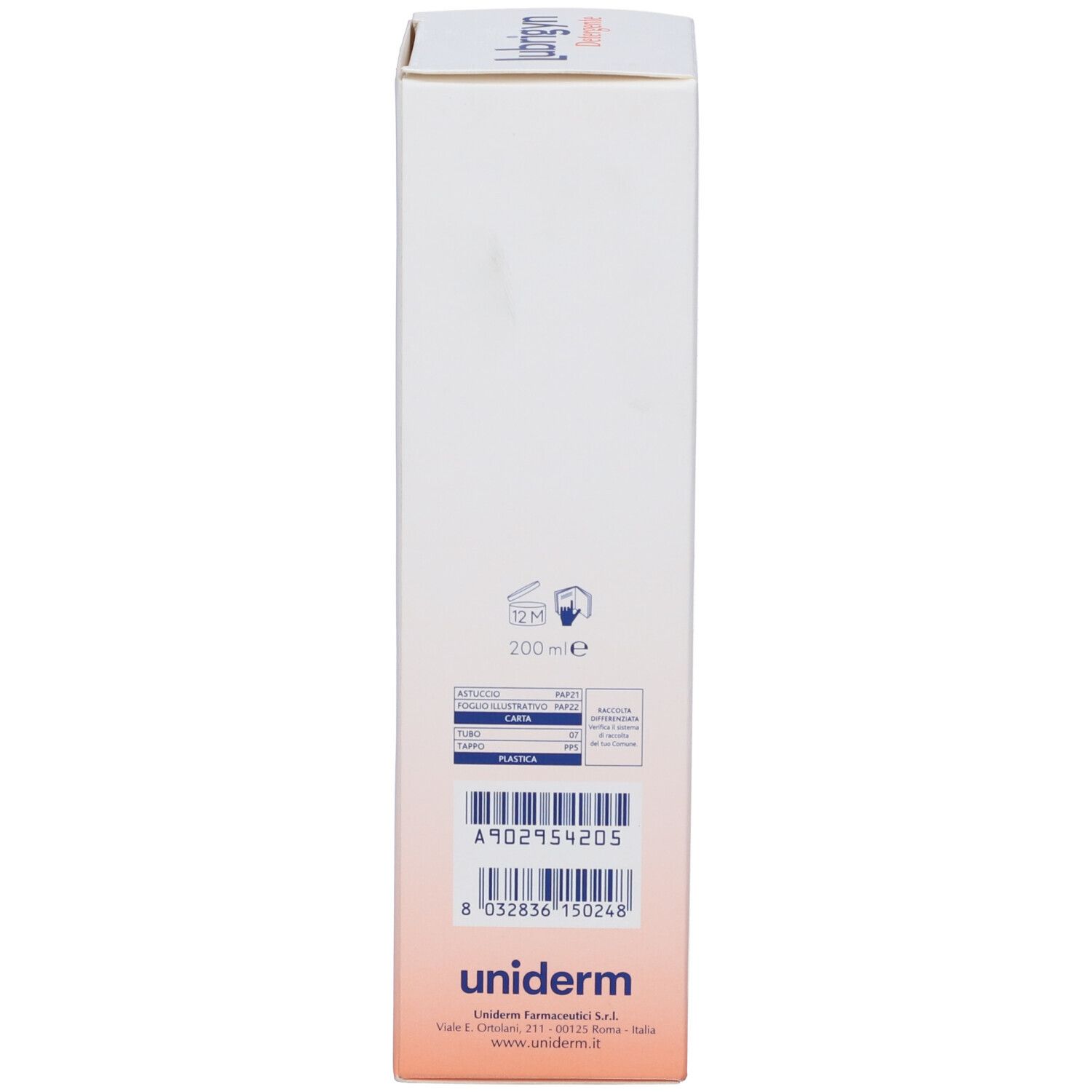 Rückseite der Produktverpackung. Herstellerinformationen, Barcode und Volumenangabe. Uniderm.