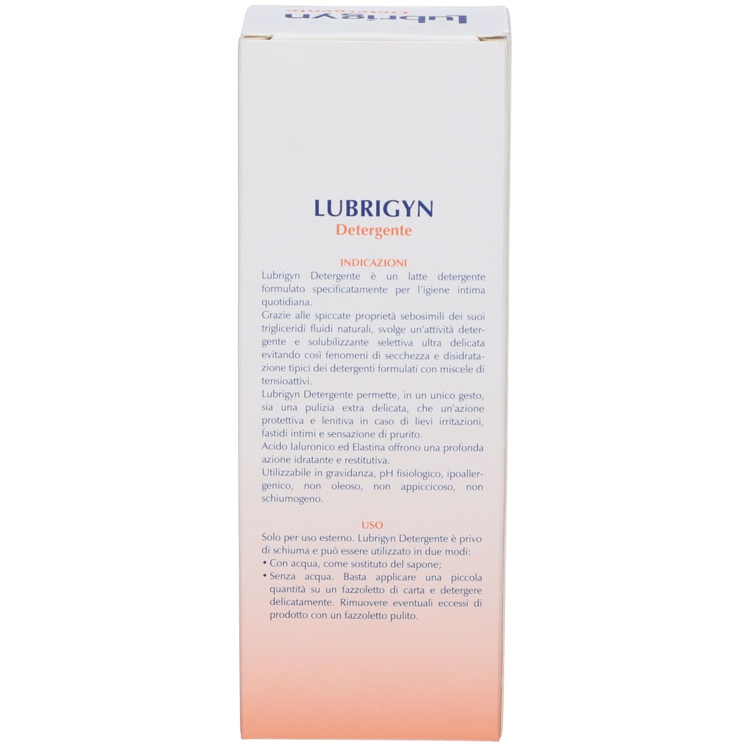 Rückseite der Produktverpackung. Text über Lubrigyn Detergente, Anwendungshinweise und Inhaltsstoffe. Uniderm.