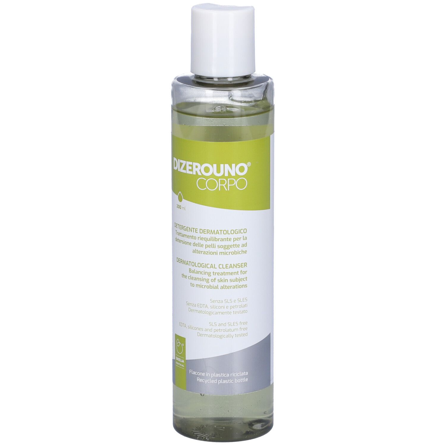 Dizerouno Corpo dermatologischer Reiniger in klarer Flasche mit weißem Verschluss. Grüne und weiße Etiketten.