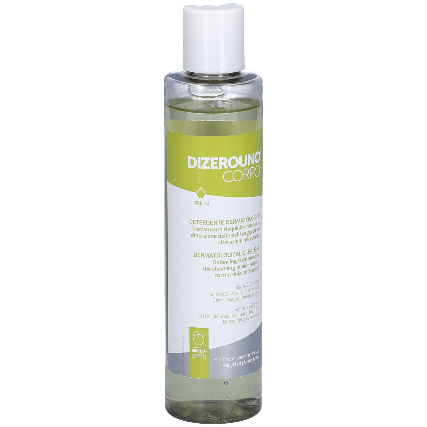 Dizerouno Corpo dermatologischer Reiniger in klarer Flasche mit weißem Verschluss. Enthält eine grüne und graue Banderole mit Text.