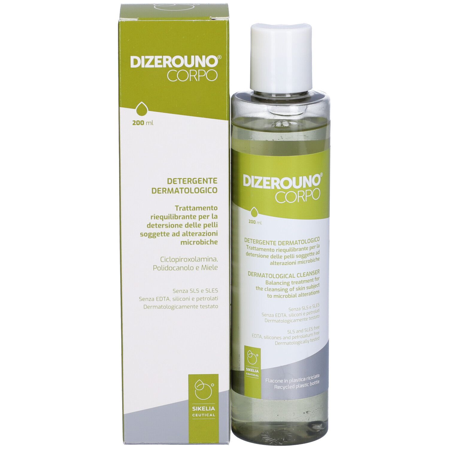 Dizerouno Corpo dermatologischer Reiniger, 200 ml Flasche und Karton.