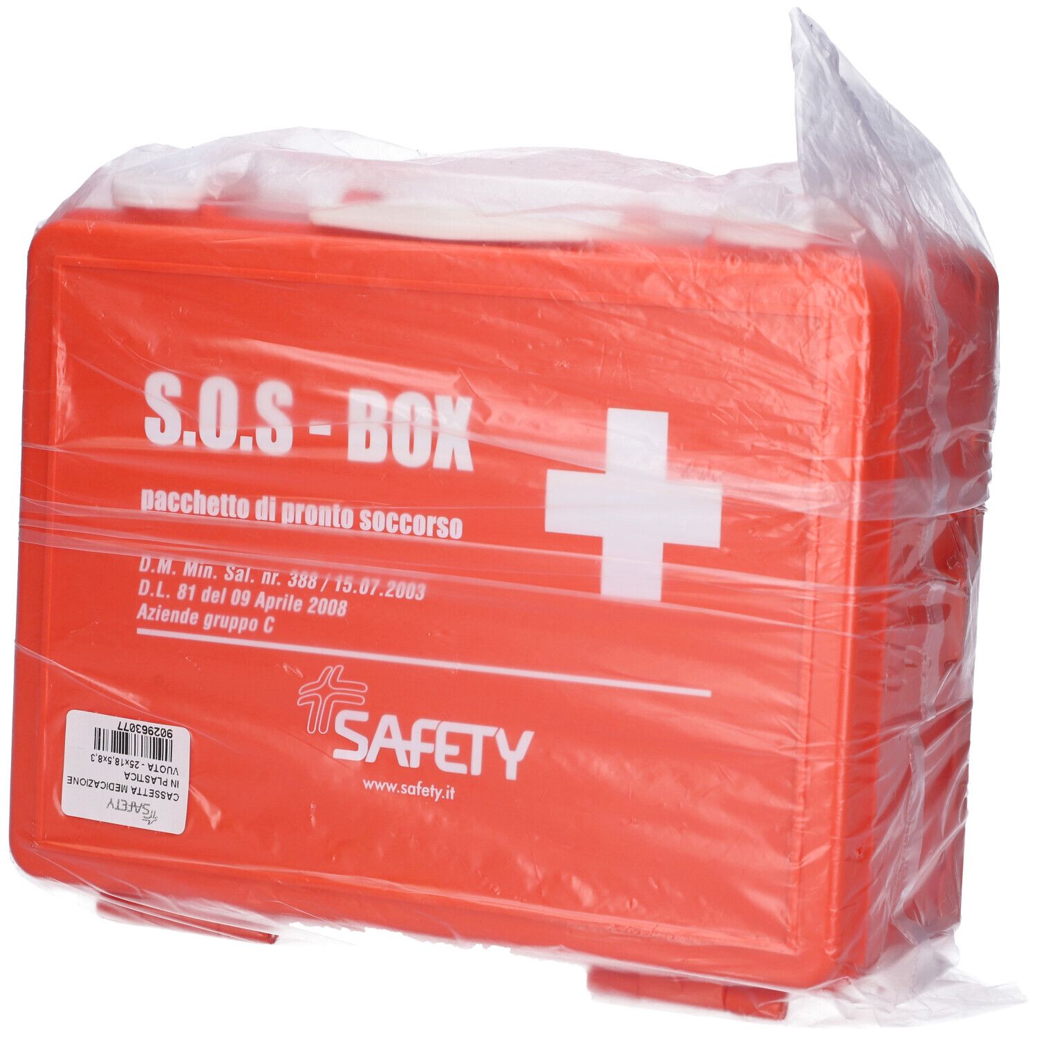 Cassetta di pronto soccorso arancione confezionata in plastica. S.O.S.-BOX, una croce bianca e SAFETY sono scritti sopra.