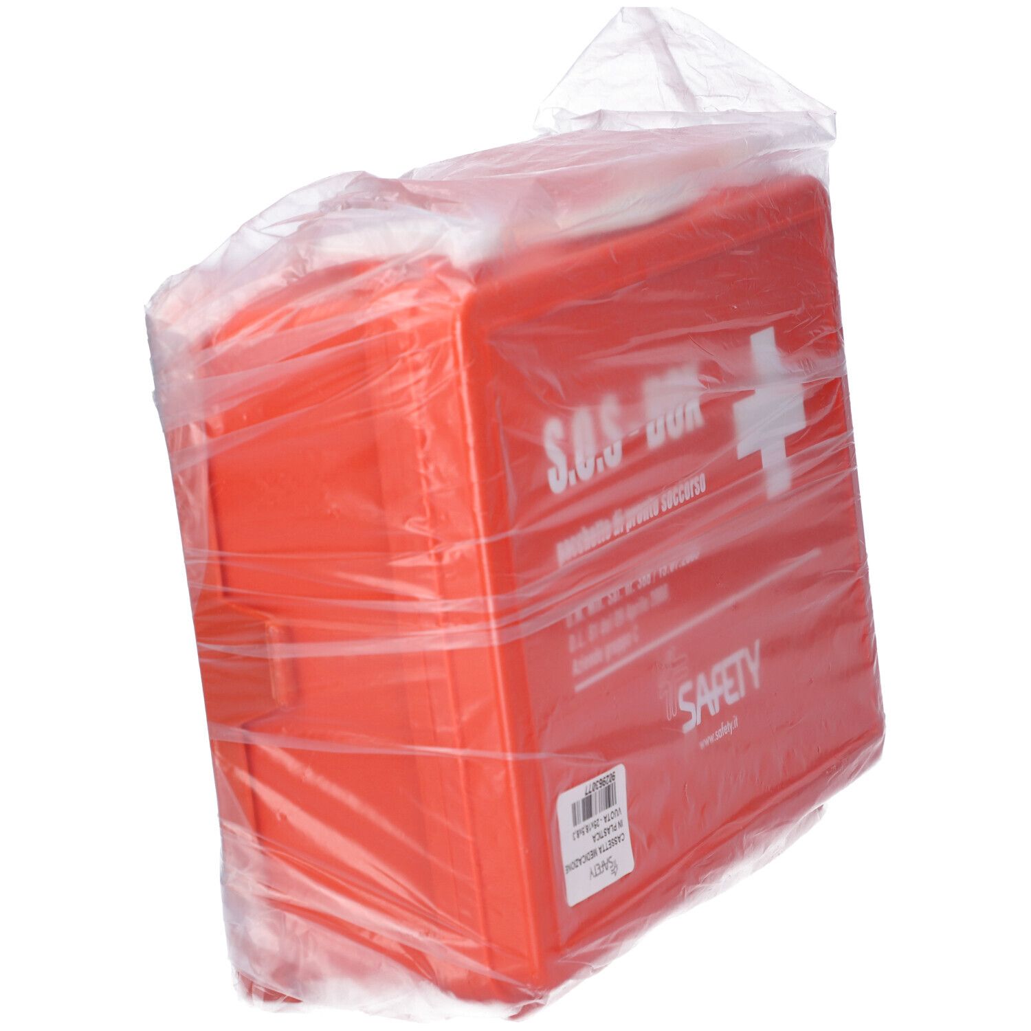 Cassetta di pronto soccorso arancione confezionata in plastica. S.O.S.-BOX, una croce bianca e SAFETY sono scritti sopra.