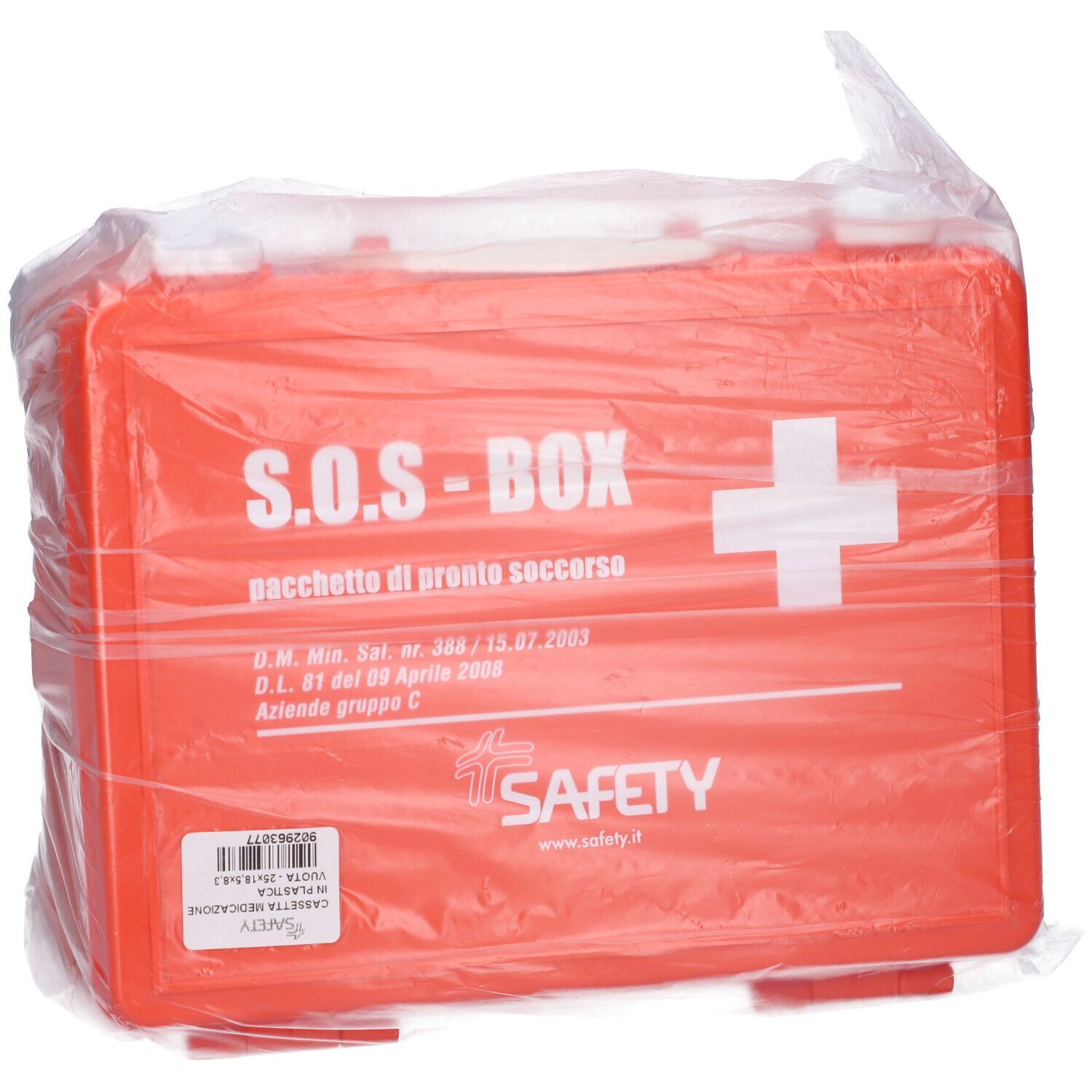 Cassetta di pronto soccorso arancione confezionata in plastica. S.O.S.-BOX, una croce bianca e SAFETY sono scritti sopra.