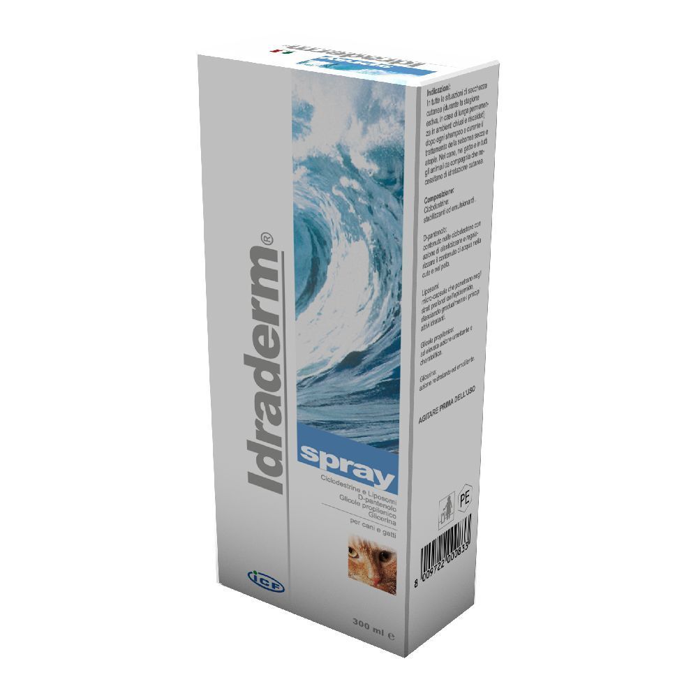 Scatola con stampa del prodotto. Scritta: Idraderm spray. Motivo onde. Per cani e gatti. 300 ml.