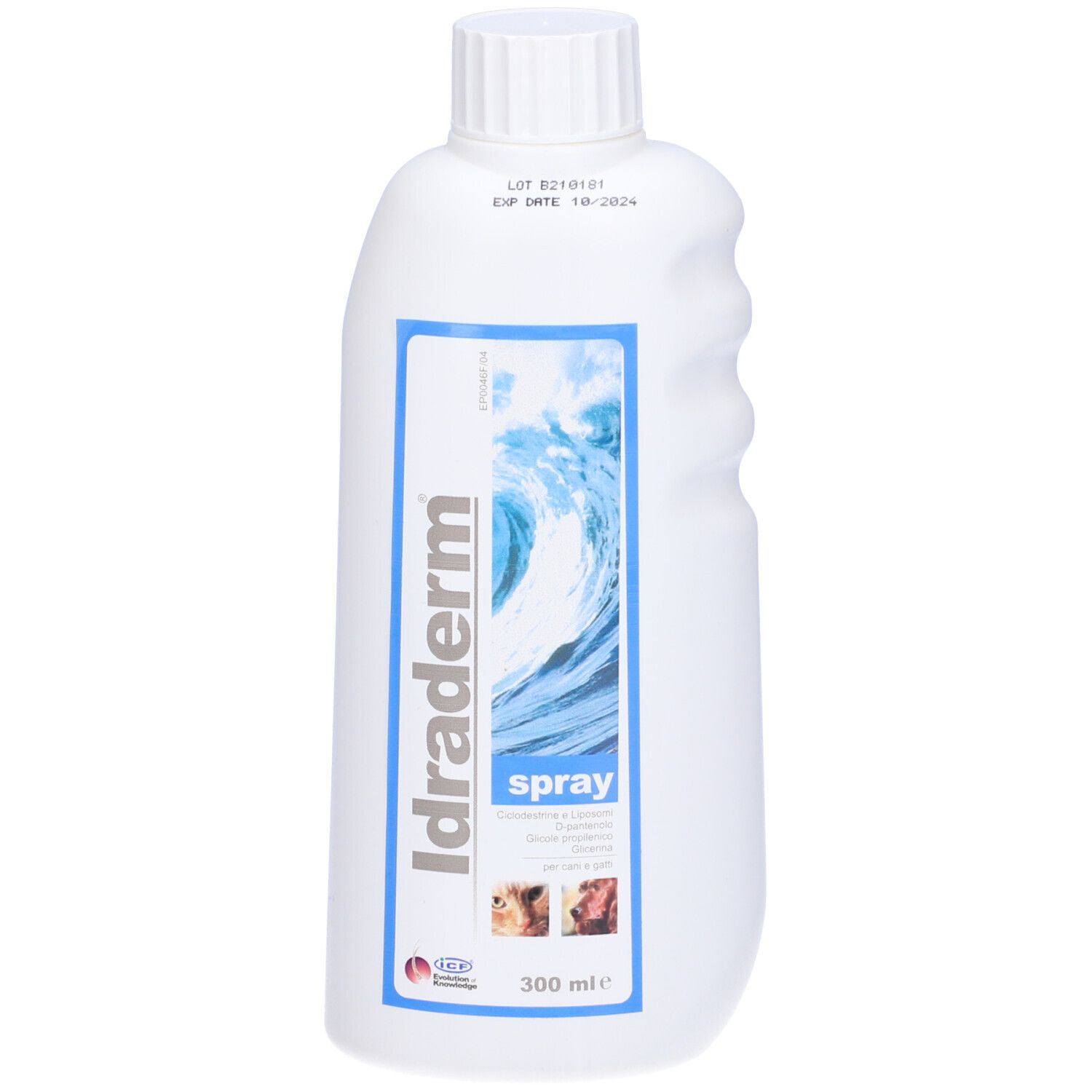 Flacone bianco con tappo a vite. Scritta: Idraderm spray. Motivo onde. Per cani e gatti. 300 ml.