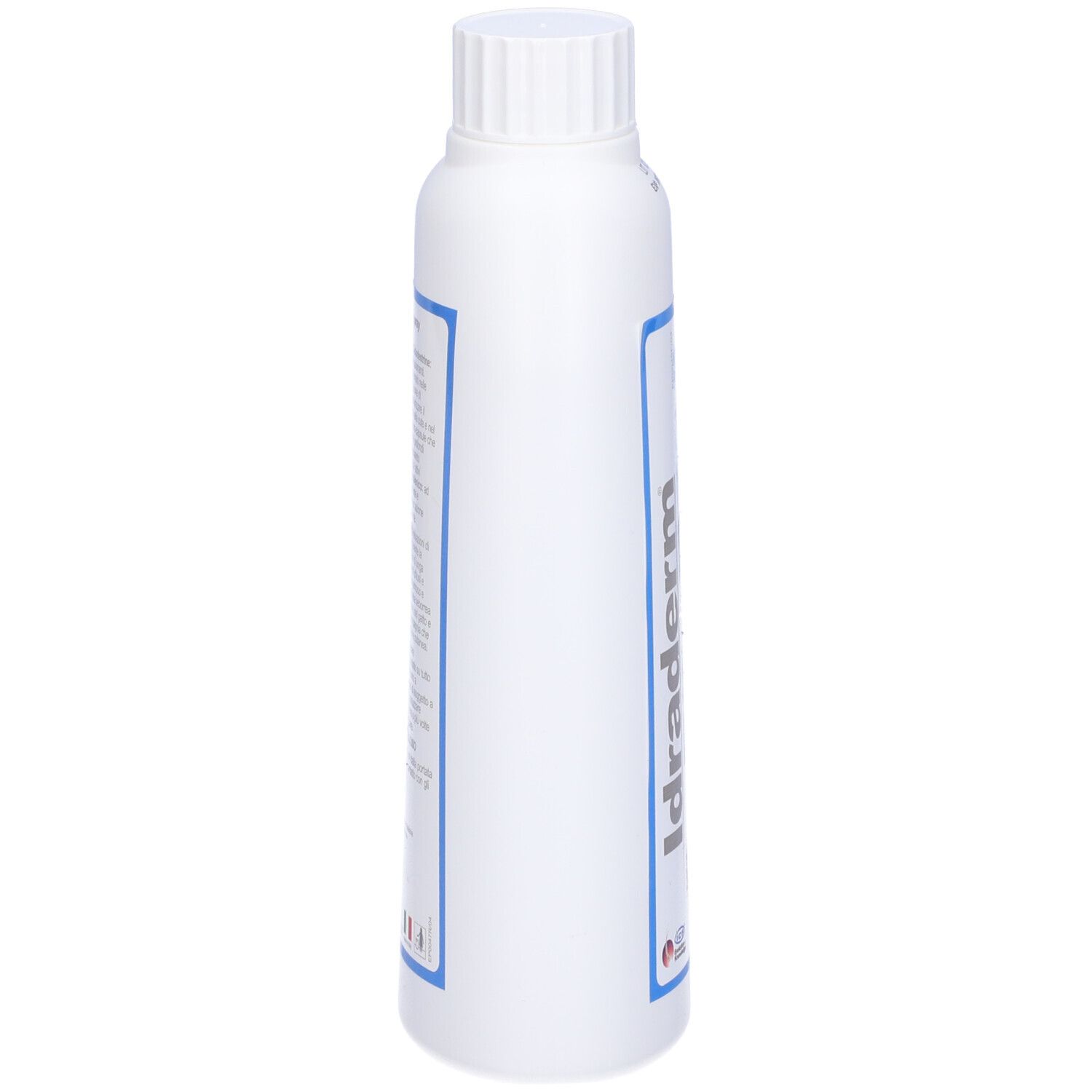 Flacone bianco con tappo a vite. Scritta: Idraderm spray. Motivo onde. Per cani e gatti. 300 ml.
