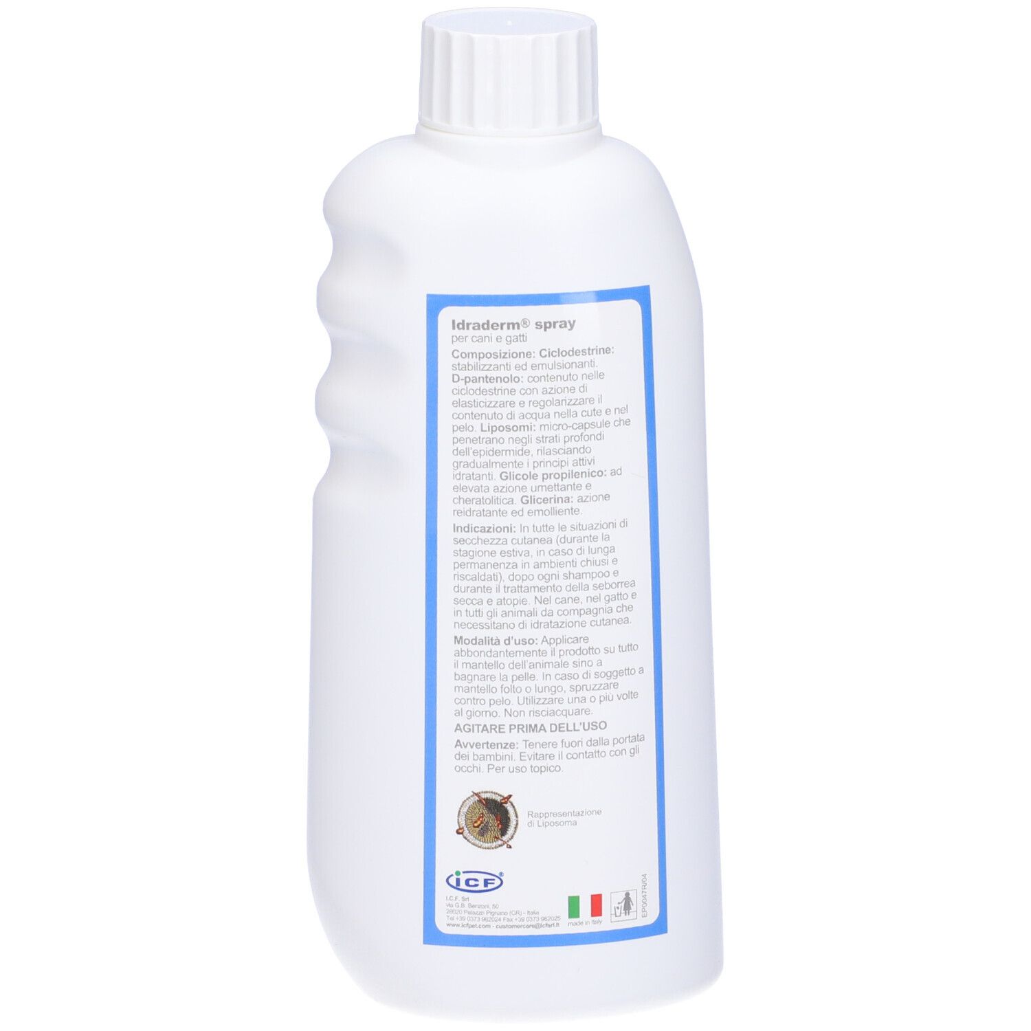 Flacone bianco con tappo a vite. Scritta: Idraderm spray. Motivo onde. Per cani e gatti. 300 ml.