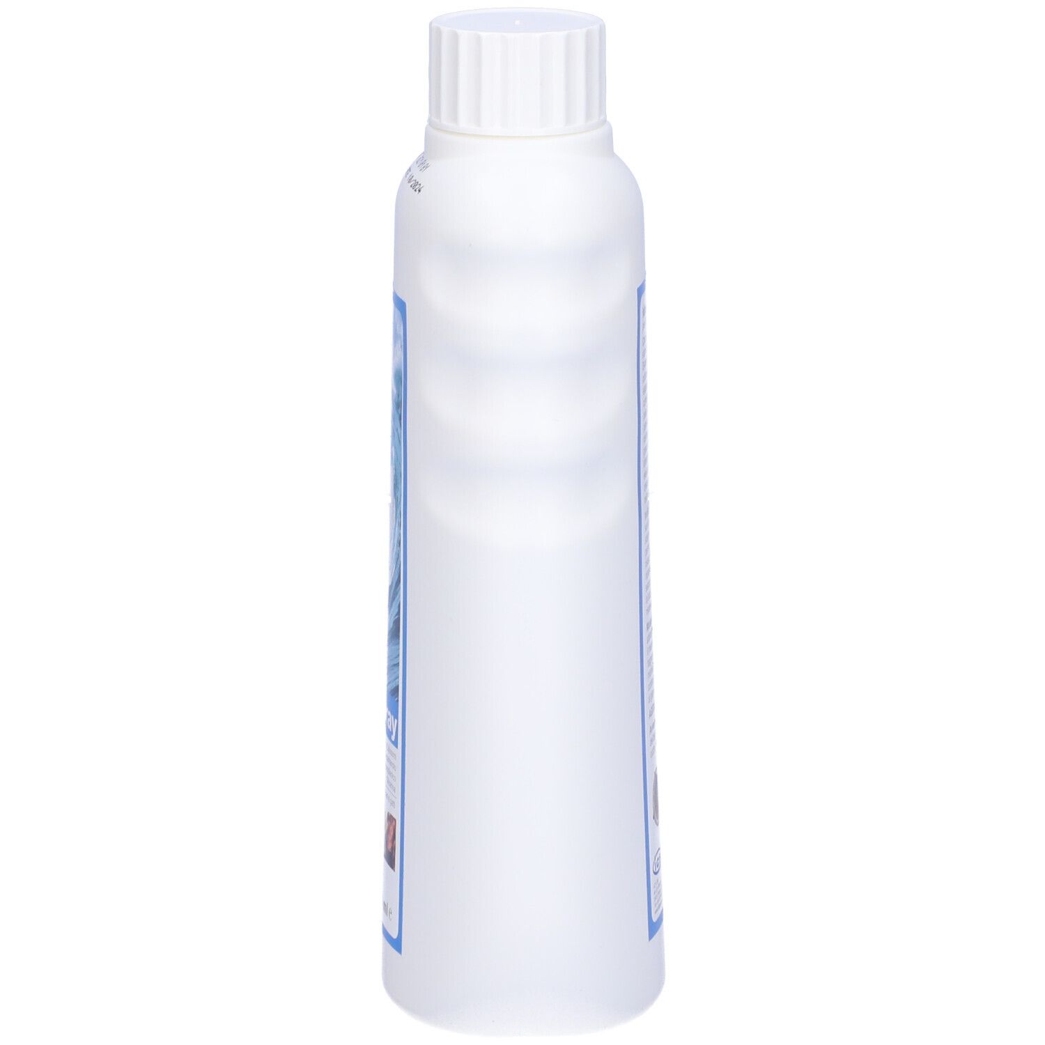 Flacone bianco con tappo a vite. Scritta: Idraderm spray. Motivo onde. Per cani e gatti. 300 ml.