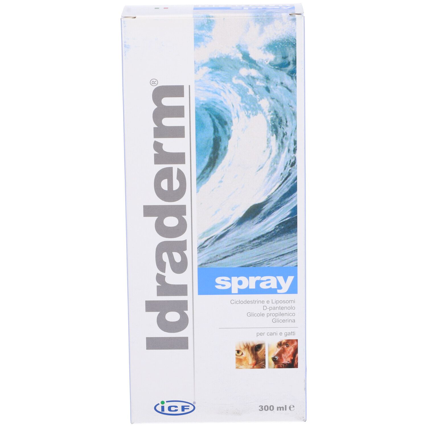 Confezione del prodotto. Scritta: Idraderm spray. Motivo onde. Per cani e gatti. 300 ml.