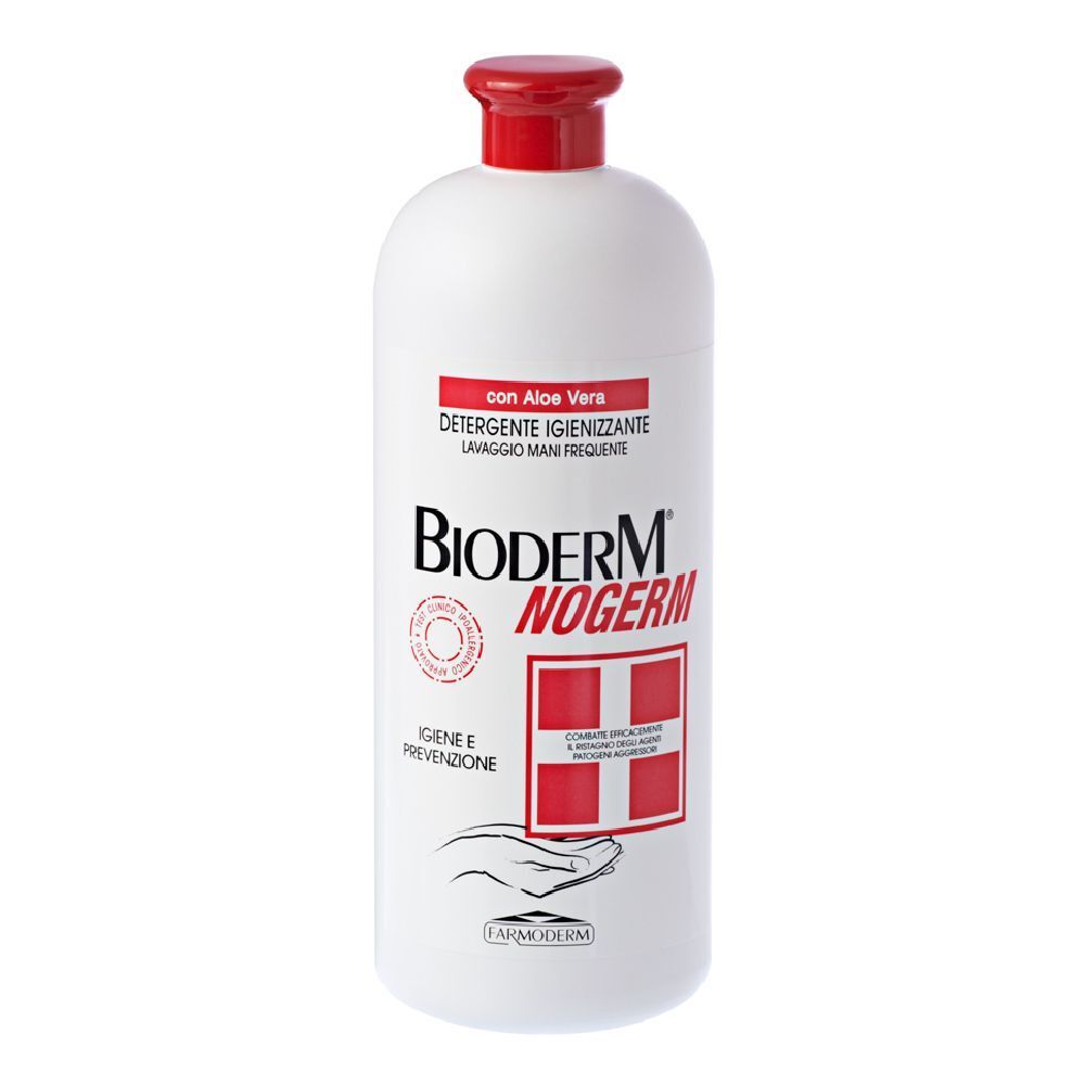 Flacone bianco con tappo rosso. Scritta: Bioderm Nogerm, Detergente Igienizzante. Con Aloe Vera.