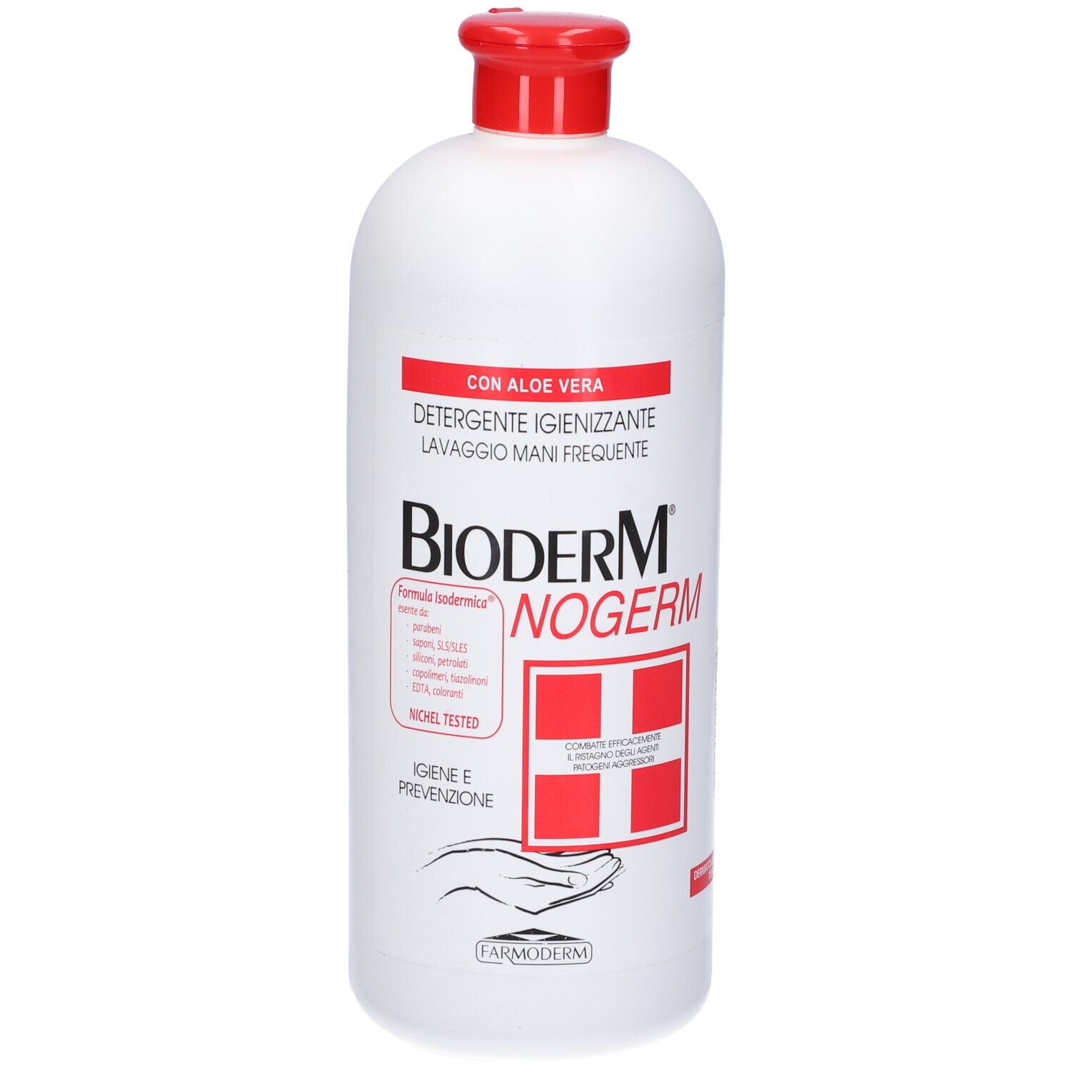 Flacone bianco con tappo rosso. Scritta: Bioderm Nogerm, Detergente Igienizzante. Con Aloe Vera.