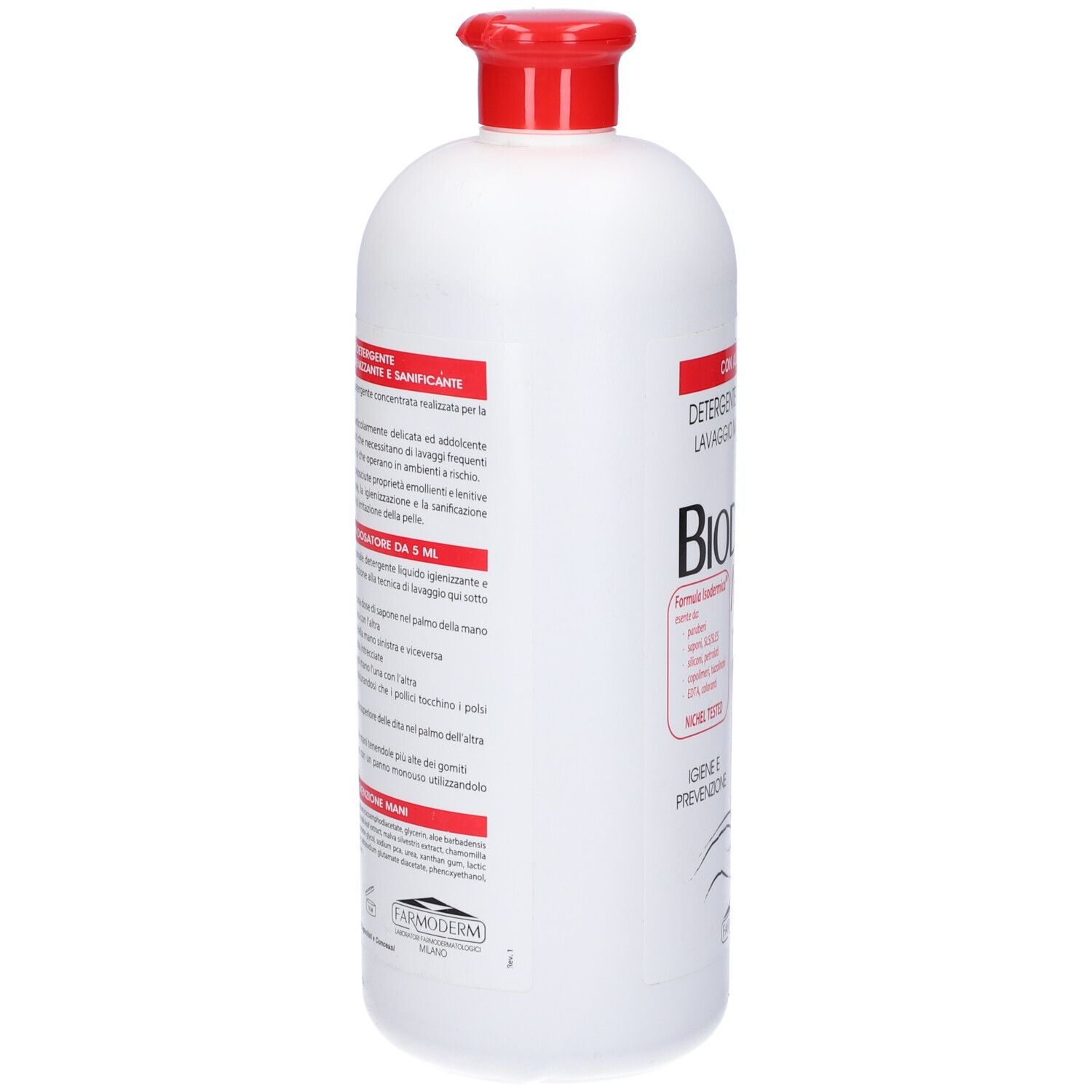 Flacone bianco con tappo rosso. Scritta: Bioderm Nogerm, Detergente Igienizzante. Retro con testo.
