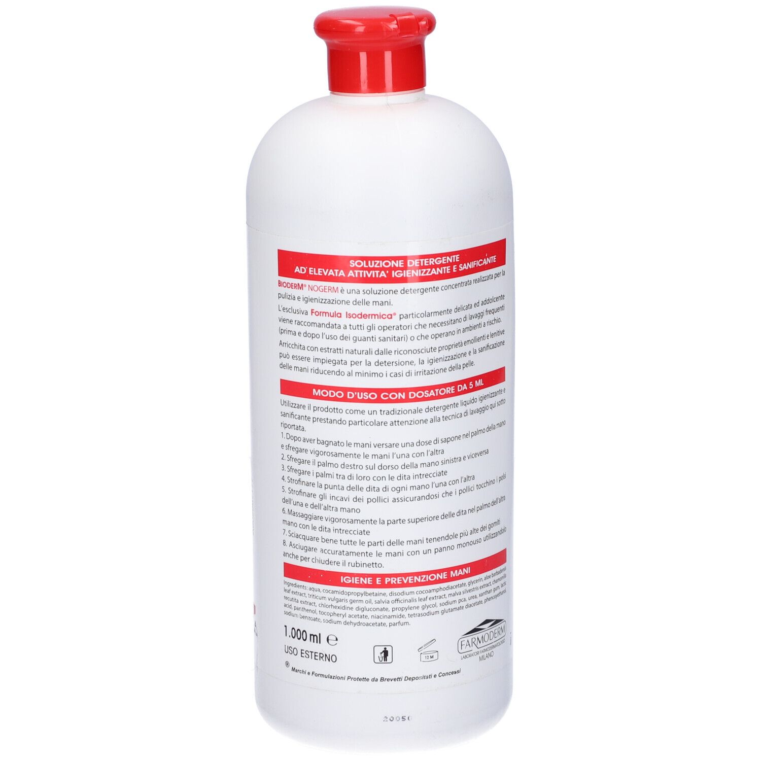 Flacone bianco con tappo rosso. Scritta: Bioderm Nogerm, Detergente Igienizzante. Retro con testo.