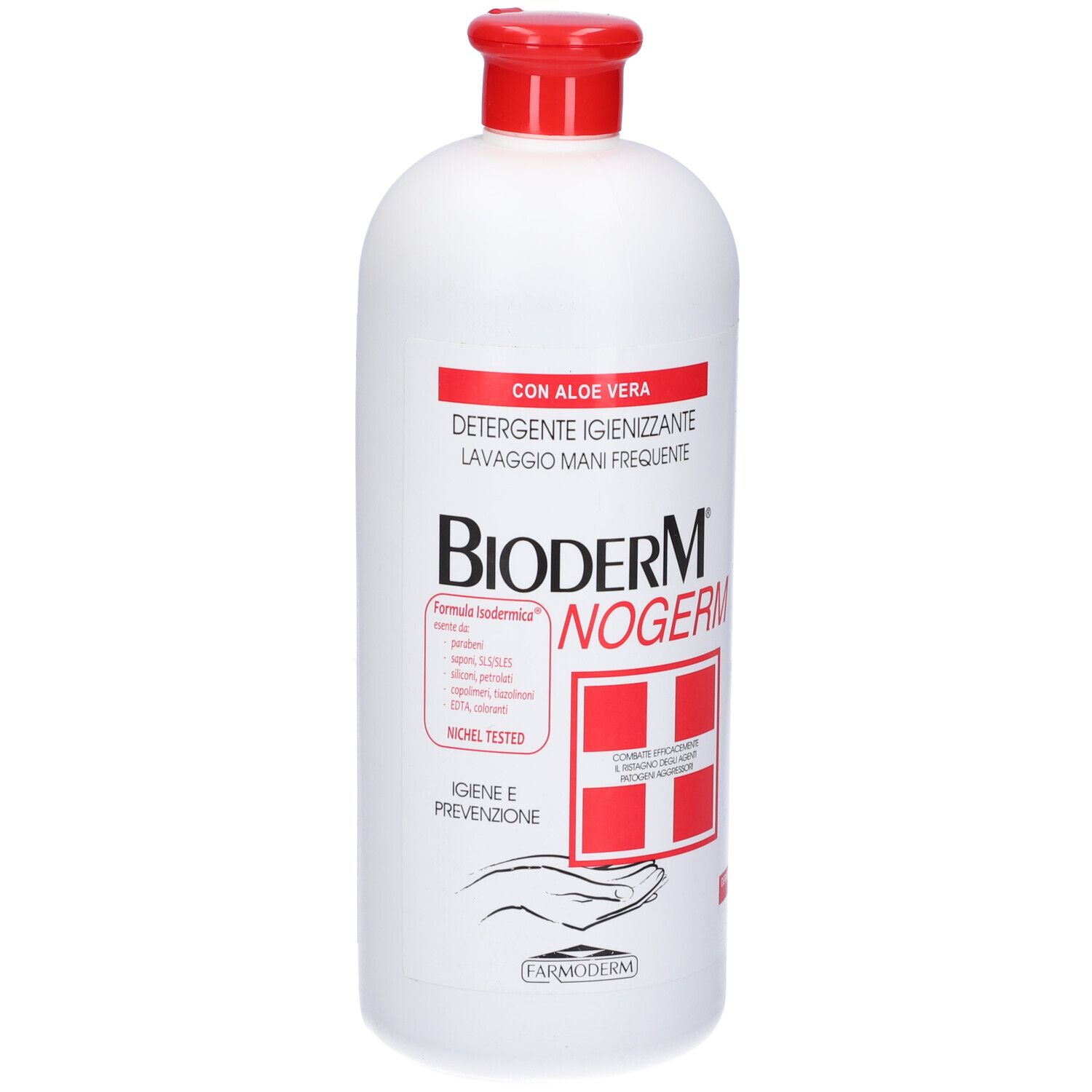 Flacone bianco con tappo rosso. Scritta: Bioderm Nogerm, Detergente Igienizzante. Con Aloe Vera.