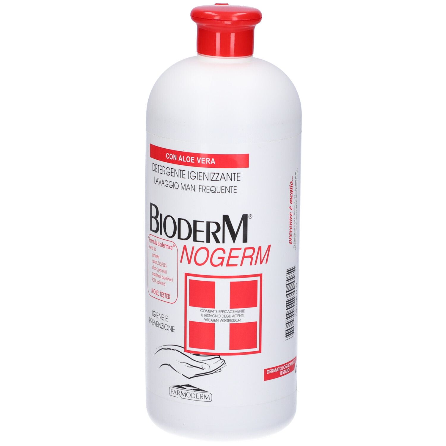 Flacone bianco con tappo rosso. Scritta: Bioderm Nogerm, Detergente Igienizzante. Con Aloe Vera.