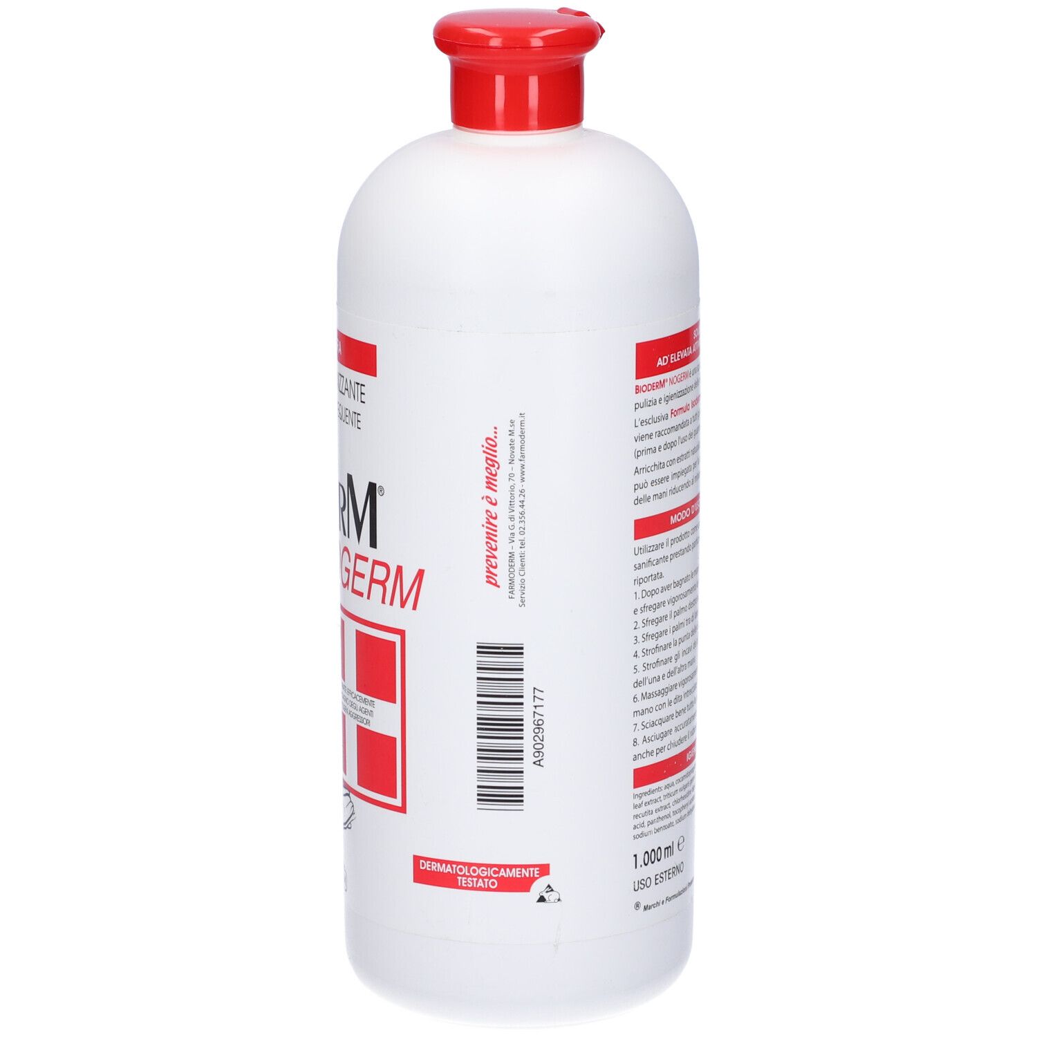 Flacone bianco con tappo rosso. Scritta: Bioderm Nogerm, Detergente Igienizzante. Retro con testo.