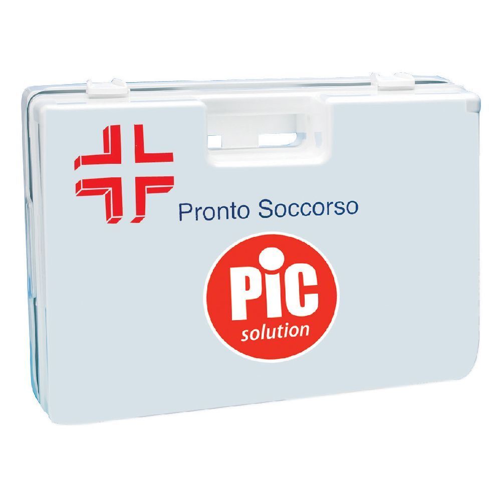 Cassetta di pronto soccorso bianca con croce rossa e scritta 'Pronto Soccorso'. Logo 'PIC solution'.