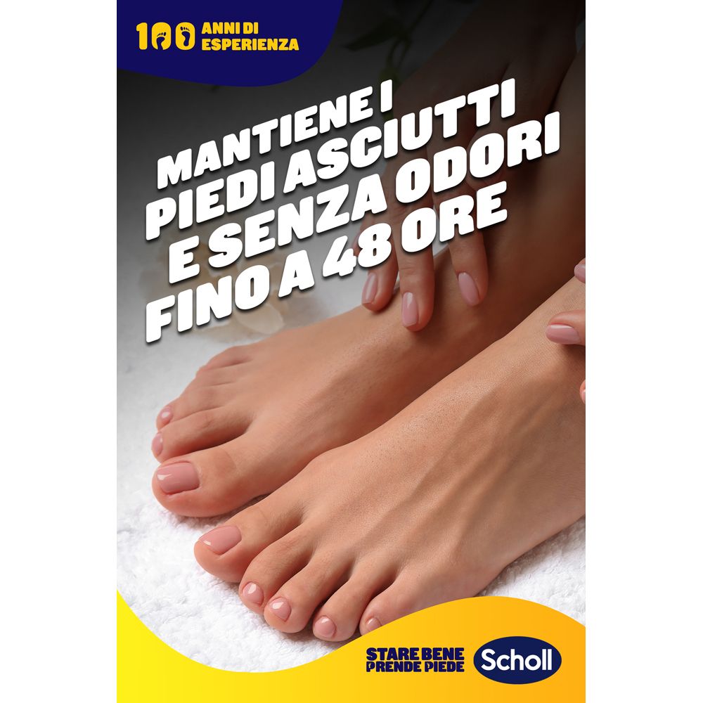 Werbebild mit Füßen. Text: Hält Füße trocken und geruchsfrei bis zu 48 Stunden. Scholl Logo.