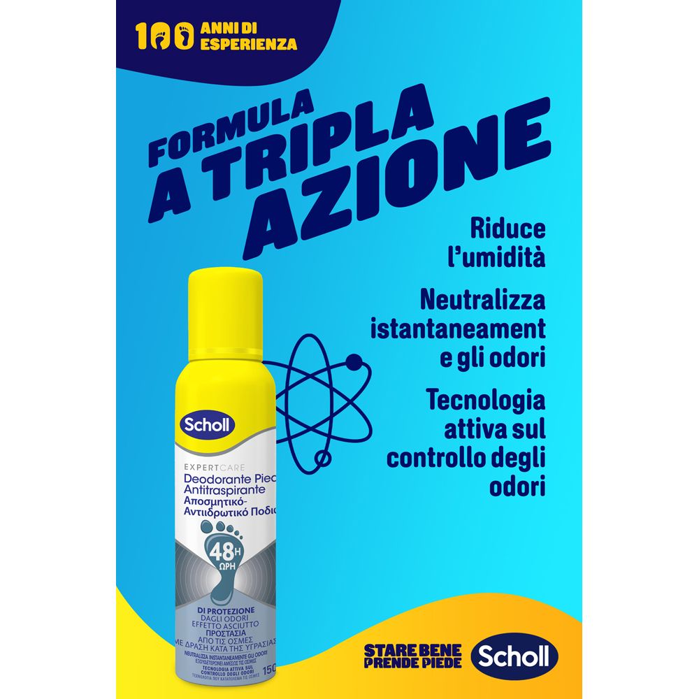 Werbebild mit Produkt und Text. Scholl Fußdeo-Spray. Text: Dreifachwirkung. Reduziert Feuchtigkeit, neutralisiert Gerüche.