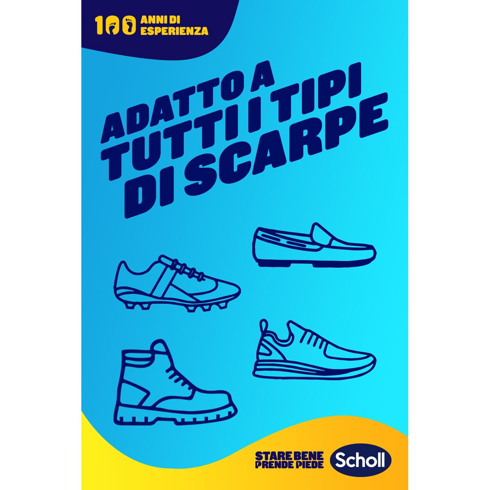 Werbebild mit Schuh-Illustrationen. Text: Geeignet für alle Schuhtypen. Illustrationen von Schuhen.