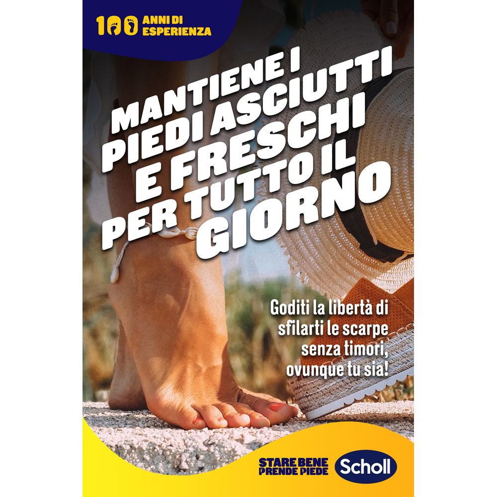 Werbebild mit Füßen. Text: Hält Füße trocken und frisch für den ganzen Tag. Scholl-Produkt.
