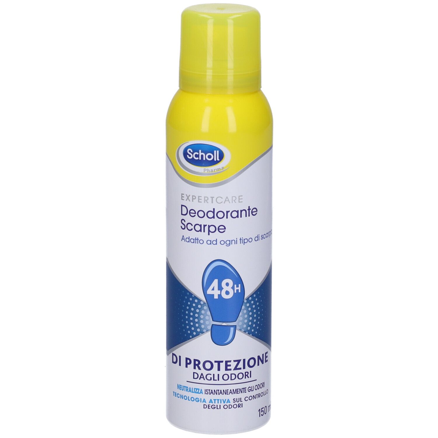 Bomboletta spray gialla con tappo giallo. Scritta: Scholl, Deodorante Scarpe, 48H. Grafica impronta blu.