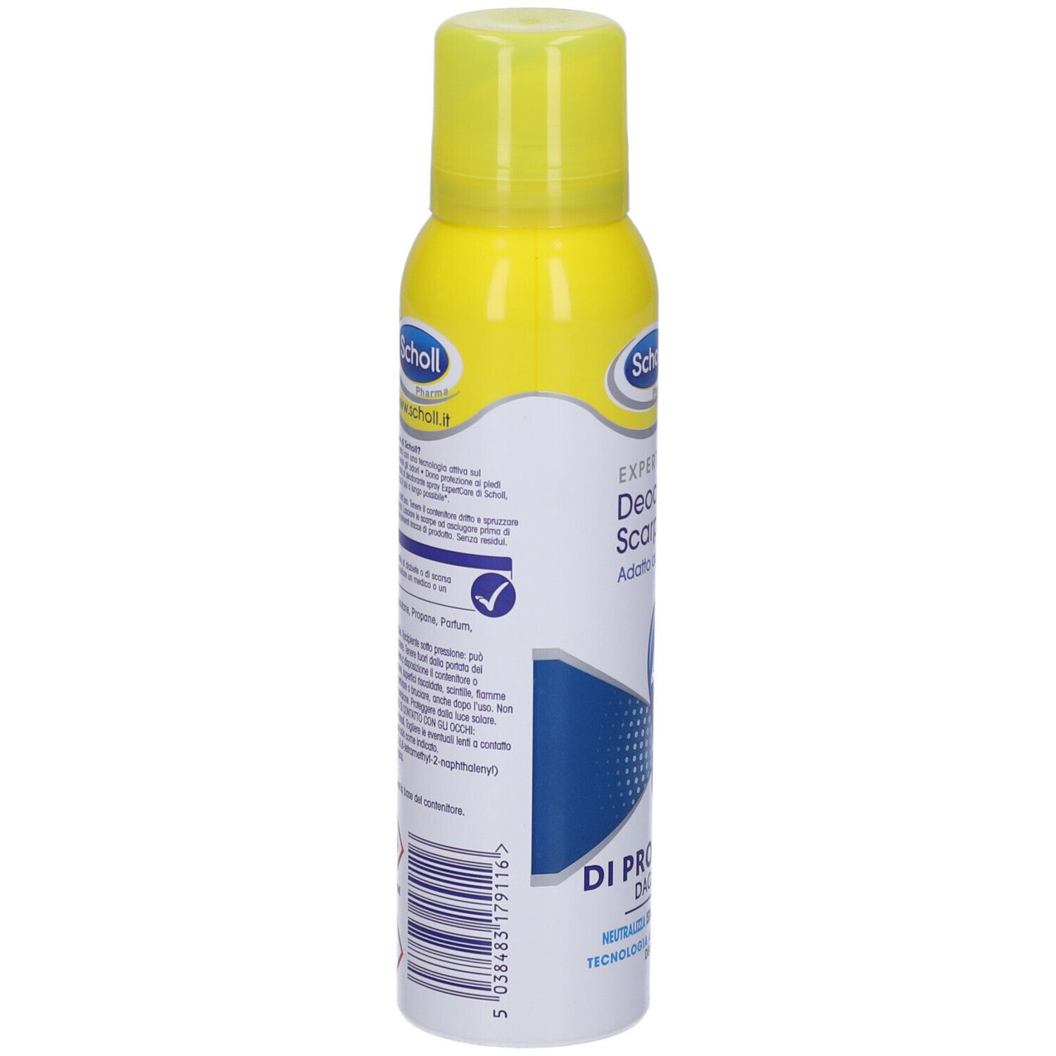 Bomboletta spray gialla con tappo giallo. Retro con testo e informazioni.