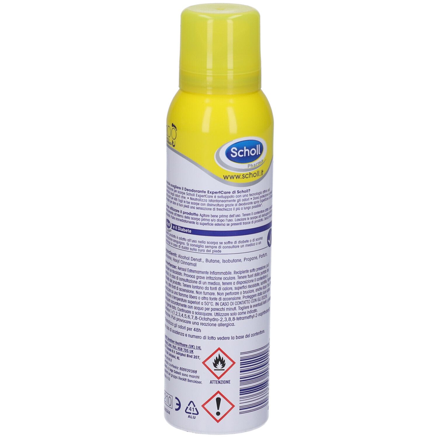 Bomboletta spray gialla con tappo giallo. Retro con testo e informazioni.