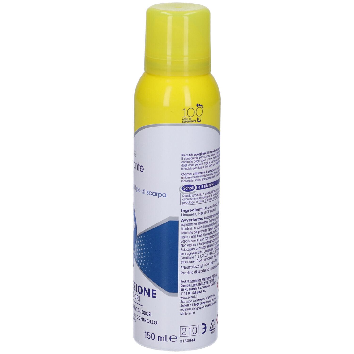 Bomboletta spray gialla con tappo giallo. Scritta: Scholl, Deodorante Scarpe, 48H. Grafica impronta blu.