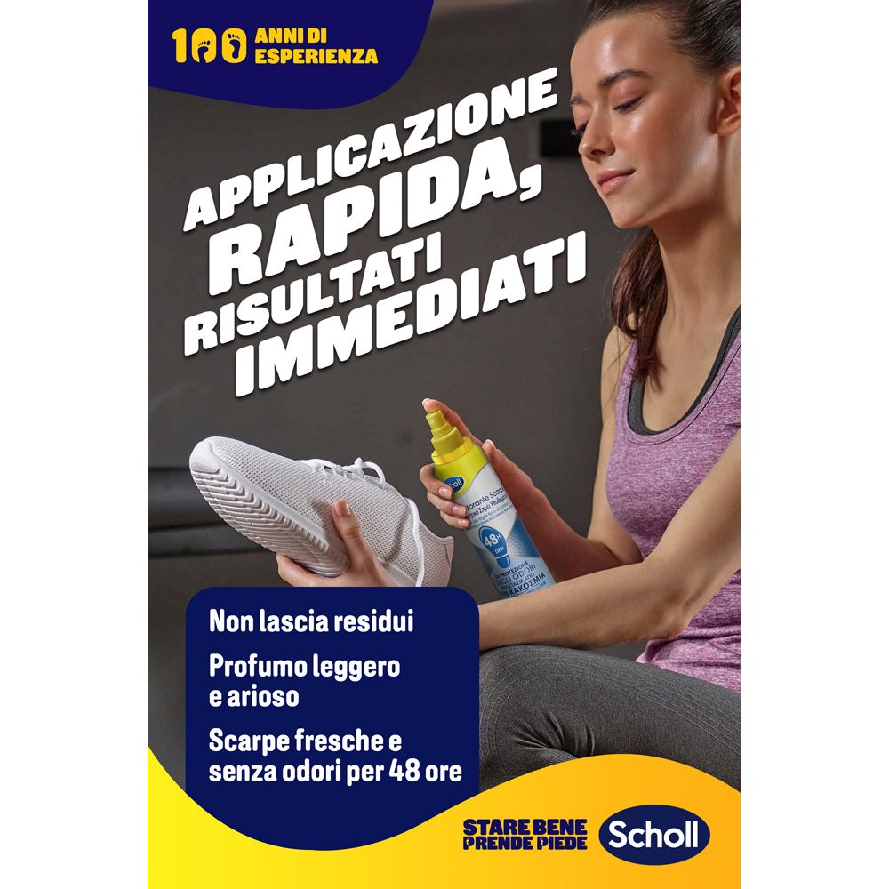 Poster pubblicitario con donna e scarpa. Testo: Applicazione rapida, risultati immediati. Scarpe fresche e senza odori per 48 ore.