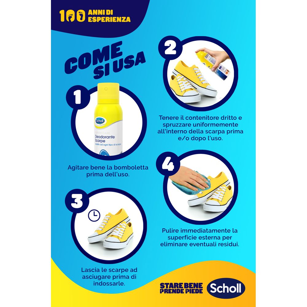 Poster pubblicitario con istruzioni. Testo: Come si usa. 4 passaggi per l'applicazione del deodorante per scarpe.