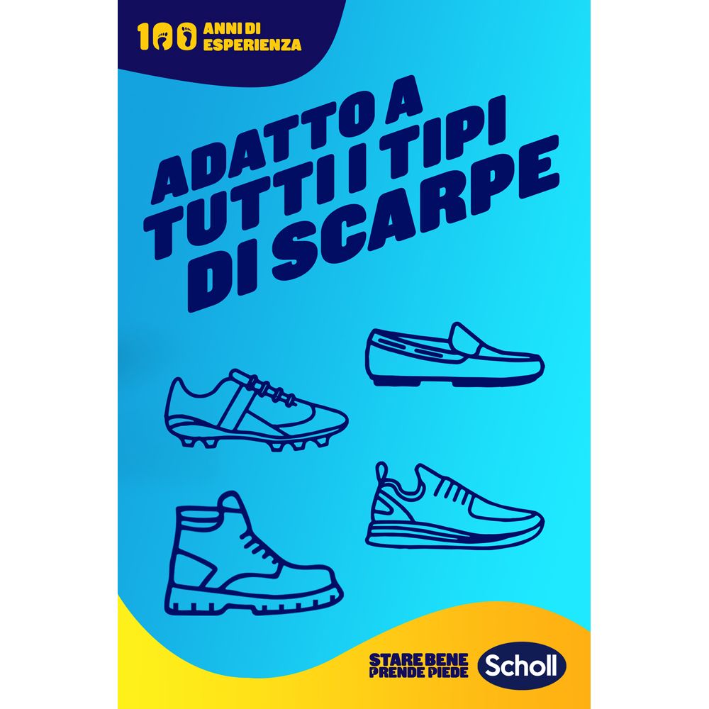 Poster pubblicitario con tipi di scarpe. Testo: Adatto a tutti i tipi di scarpe.