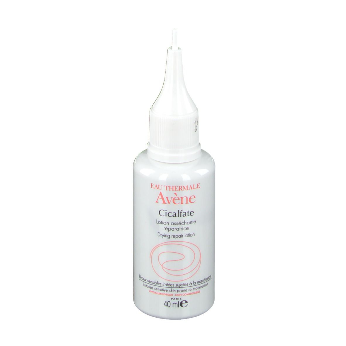 Weiße Flasche mit Applikator. Aufschrift: Avène Cicalfate, Drying repair lotion. 40 ml.