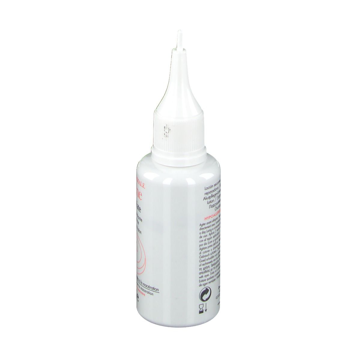 Weiße Flasche mit Applikator. Aufschrift: Avène Cicalfate. Rückseite mit Text. 