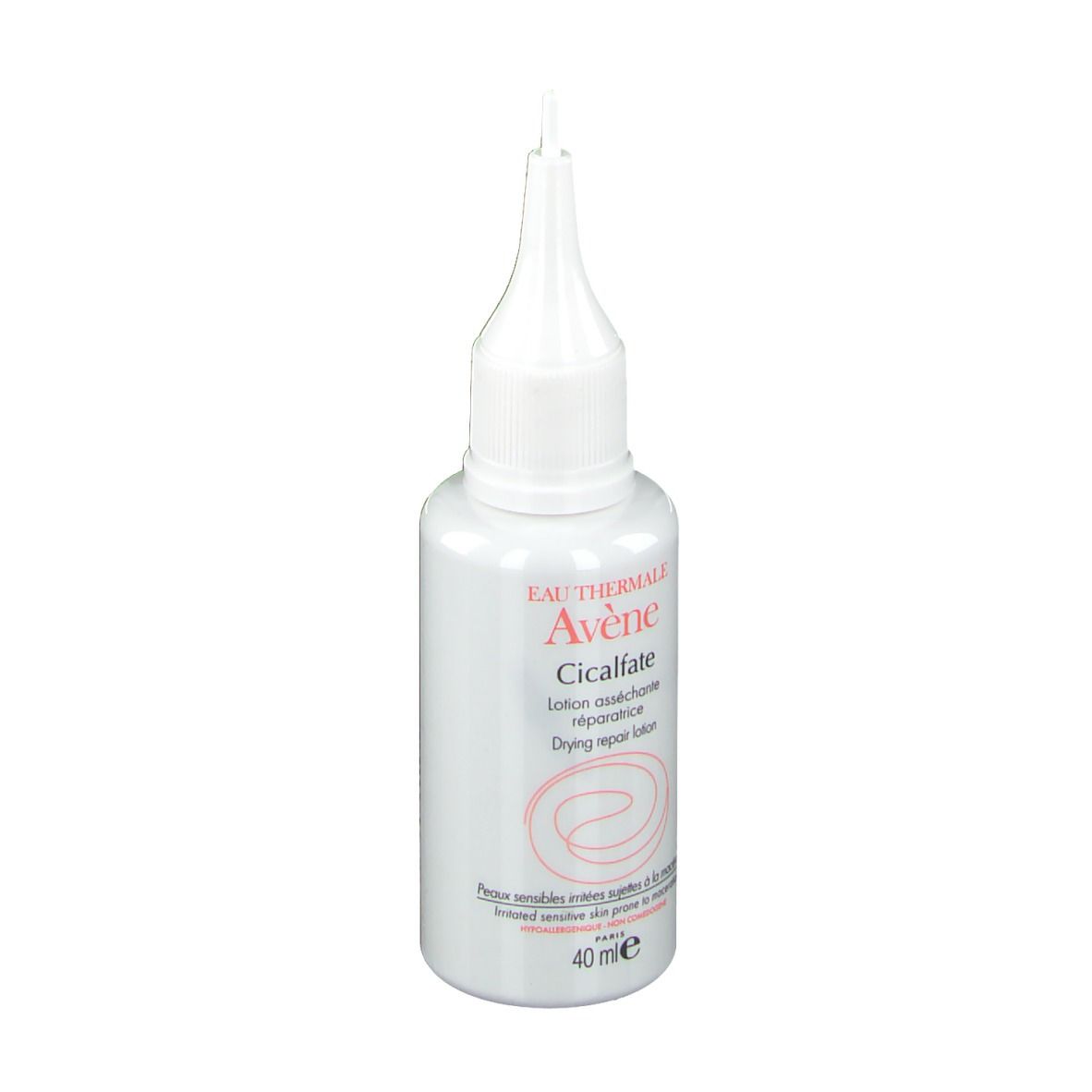 Weiße Flasche mit Applikator. Aufschrift: Avène Cicalfate, Drying repair lotion. 40 ml.