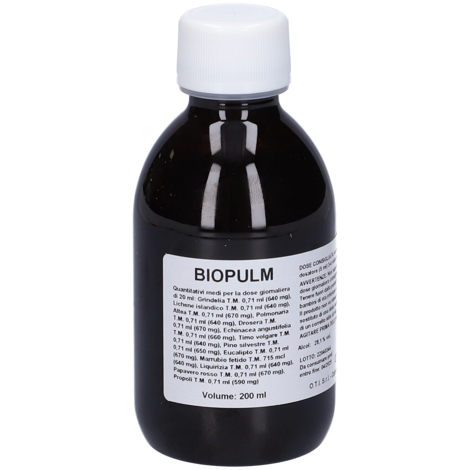 Flacone marrone con tappo bianco. Etichetta con nome del prodotto e ingredienti. Volume: 200 ml.