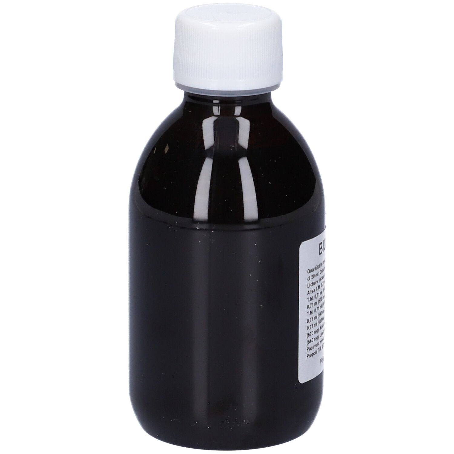 Flacone marrone con tappo bianco. Etichetta con testo. Flacone in posizione verticale.