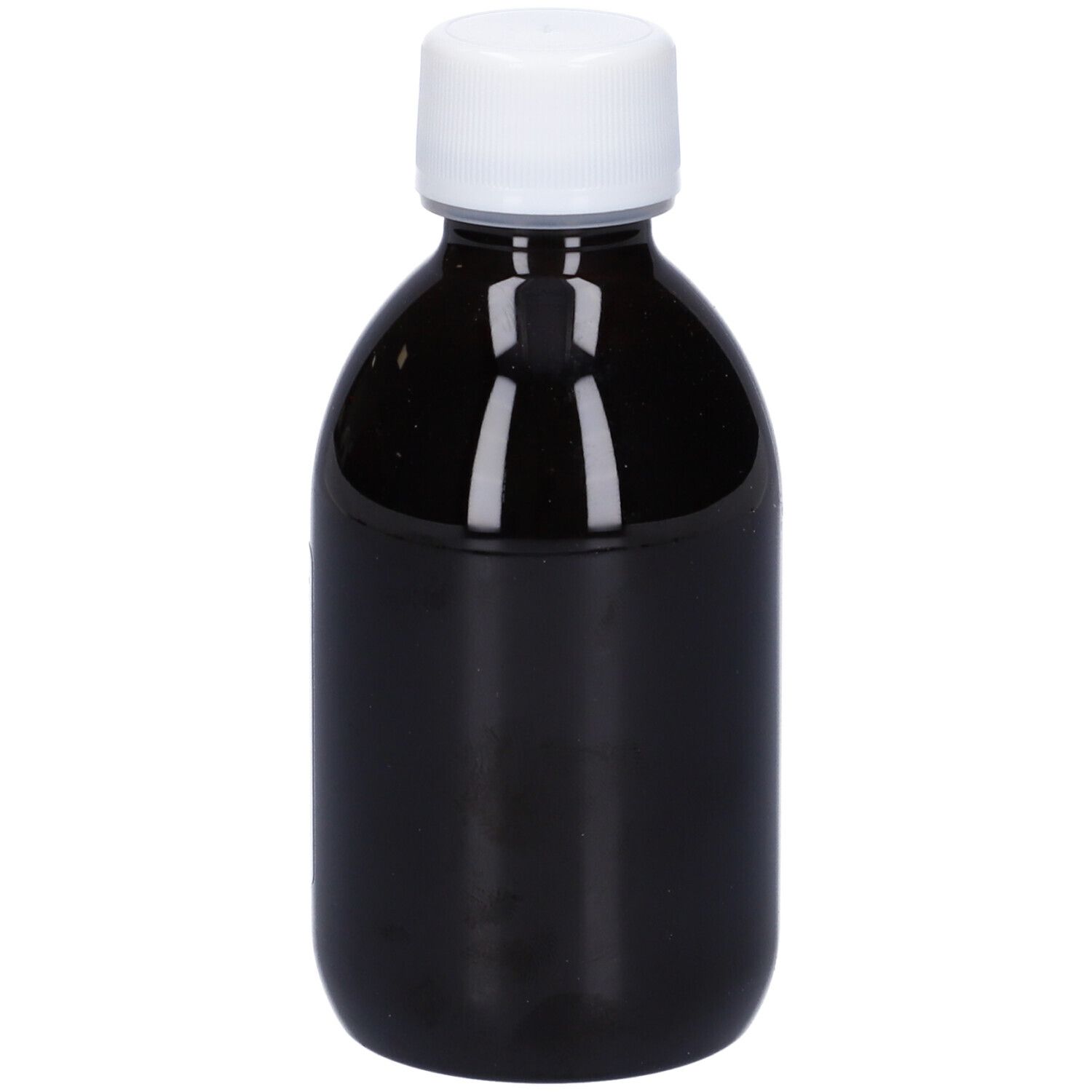 Flacone marrone con tappo bianco. Flacone in posizione verticale.