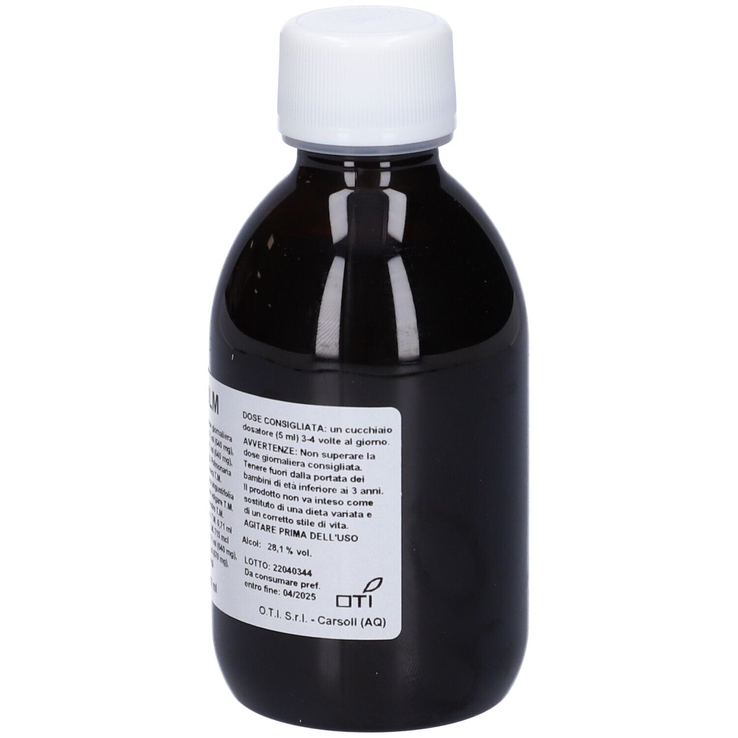 Flacone marrone con tappo bianco. Etichetta con testo. Flacone in posizione verticale.